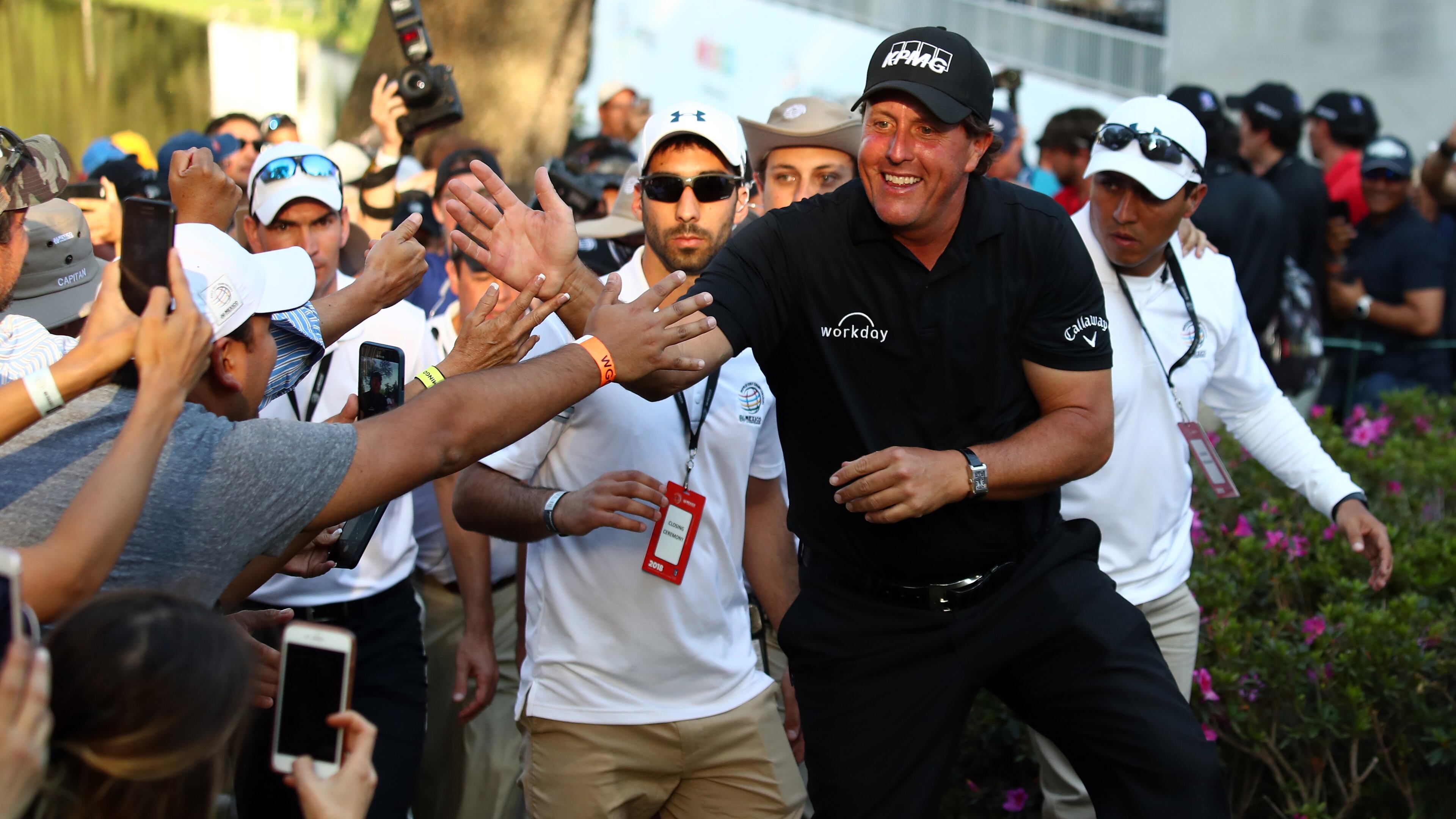Phil Mickelson greets fans after winning the final round of World Golf Championships-Mexico Championship on a playoff hole against Justin Thomas (not in frame) at Club De Golf Chapultepec on March 4, 2018 in Mexico City, Mexico. (Photo by Gregory Shamus/Getty Images)