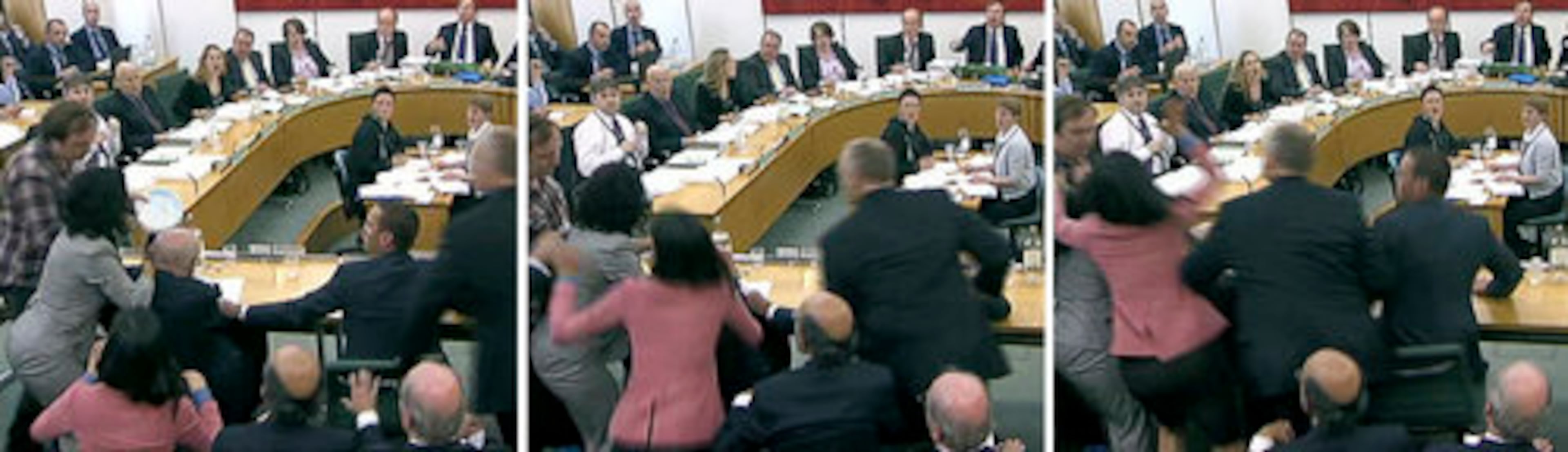 During July 2011 hearings into allegations of hacking at Murdoch's News Corp. properties, comedian Jonny Marbles attempted to throw a pie in Murdoch's face. Little did he know that Murdoch's wife, Wendi, was prepared to lay the smack down, exhibiting cat-like reflexes as she batted the pie out of the way. In a column for the Guardian, Marbles said he devised the pie-throwing as a way to show people that Murdoch is "just a human being...but one who has got far too big for his boots."