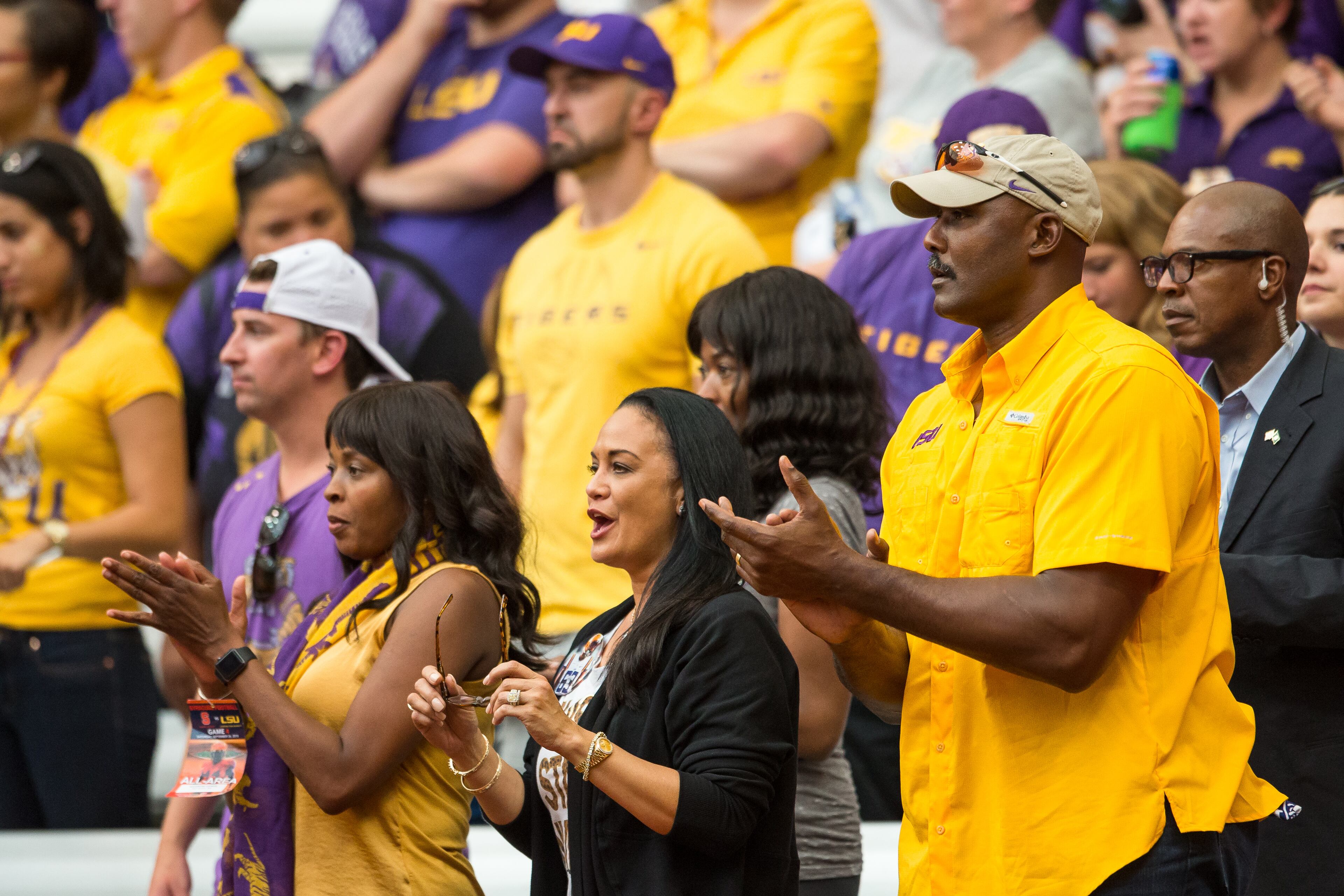 Former NBA player Karl Malone cheers on the LSU Tigers against the Syracuse Orange on September 26, 2015 at The Carrier Dome in Syracuse, New York. LSU defeats Syracuse 34-24. (Photo by Brett Carlsen/Getty Images)