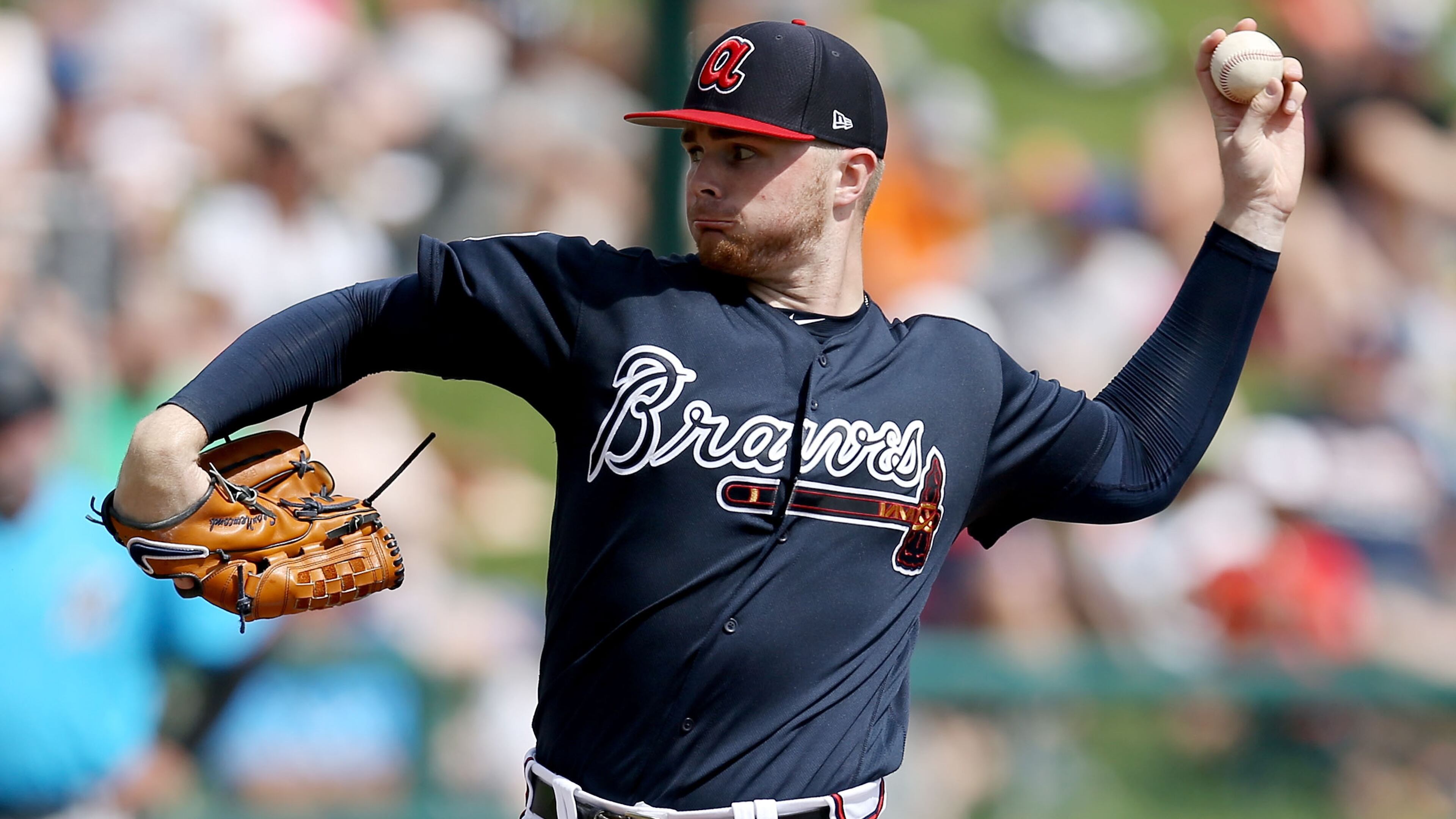 Braves starter Sean Newcomb pitches in the second inning Sunday, March 3, 2019, against the Miami Marlins at Champion Stadium in Lake Buena Vista, Fla.