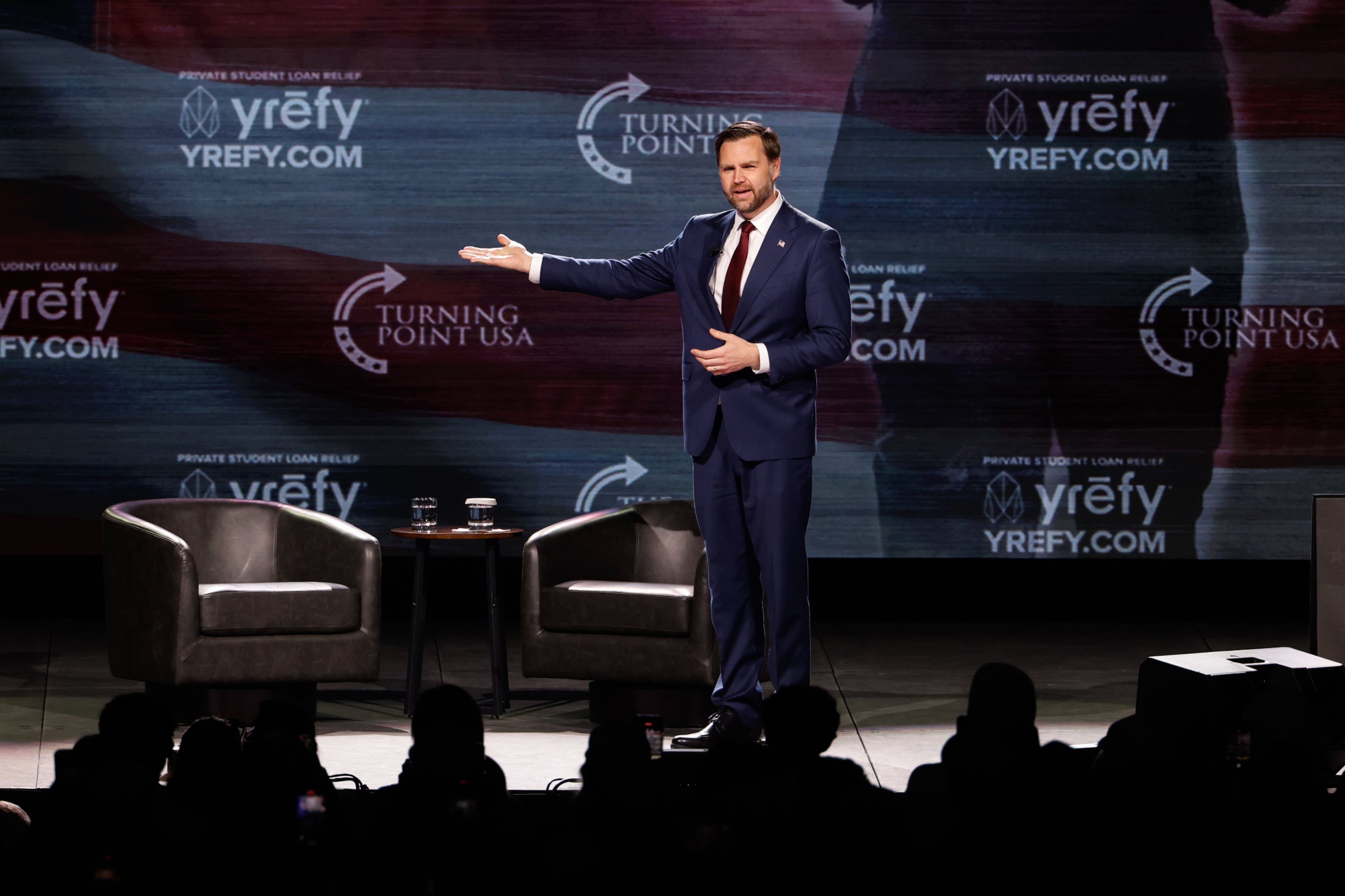Vice President JD Vance enters a Turning Point USA event at Akins Ford Arena in Athens on April 14, 2026. (Arvin Temkar/AJC)