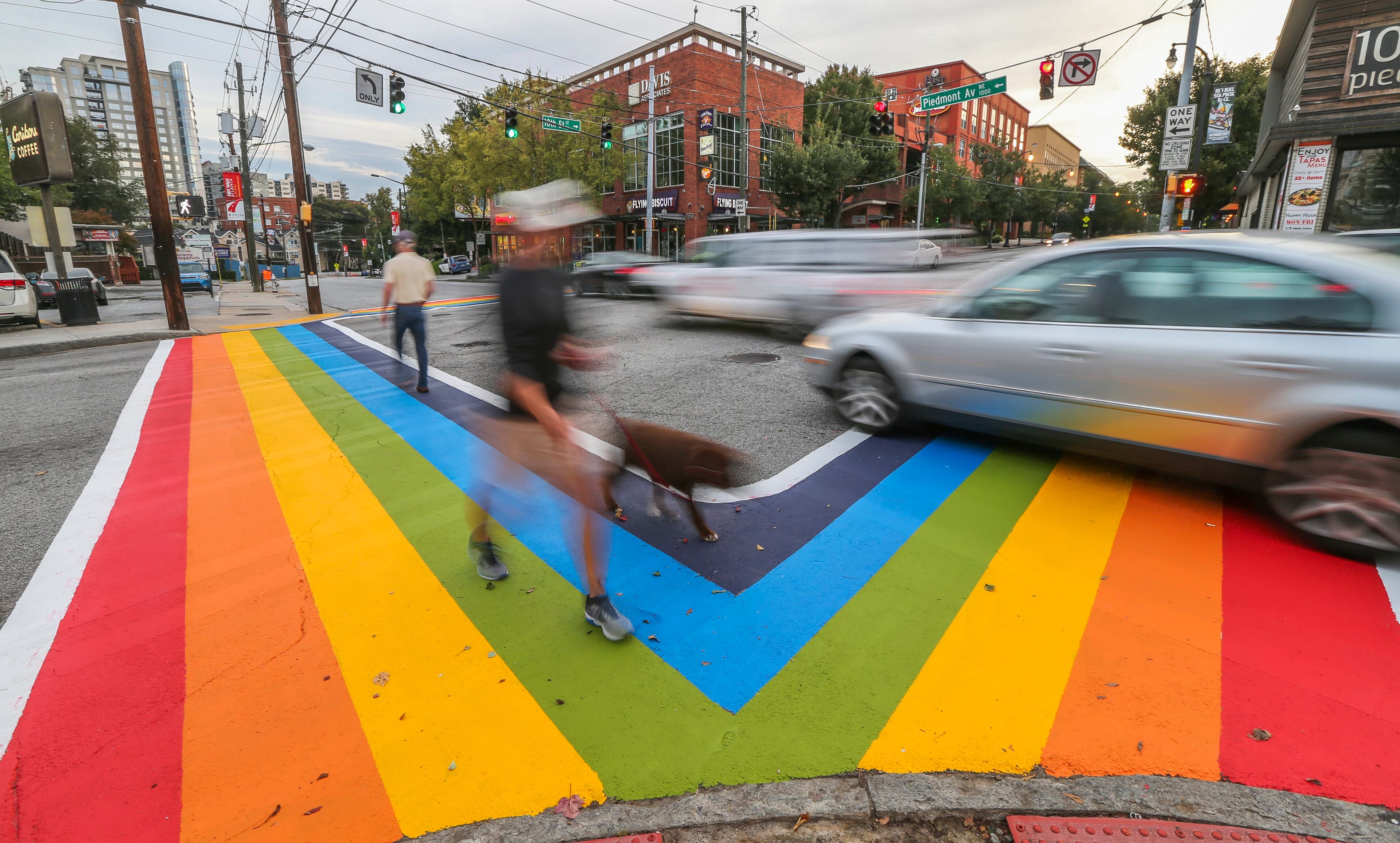 The rainbow crosswalks of 10th and Piedmont Avenue in a 2015 file photo. JOHN SPINK /JSPINK@AJC.COM