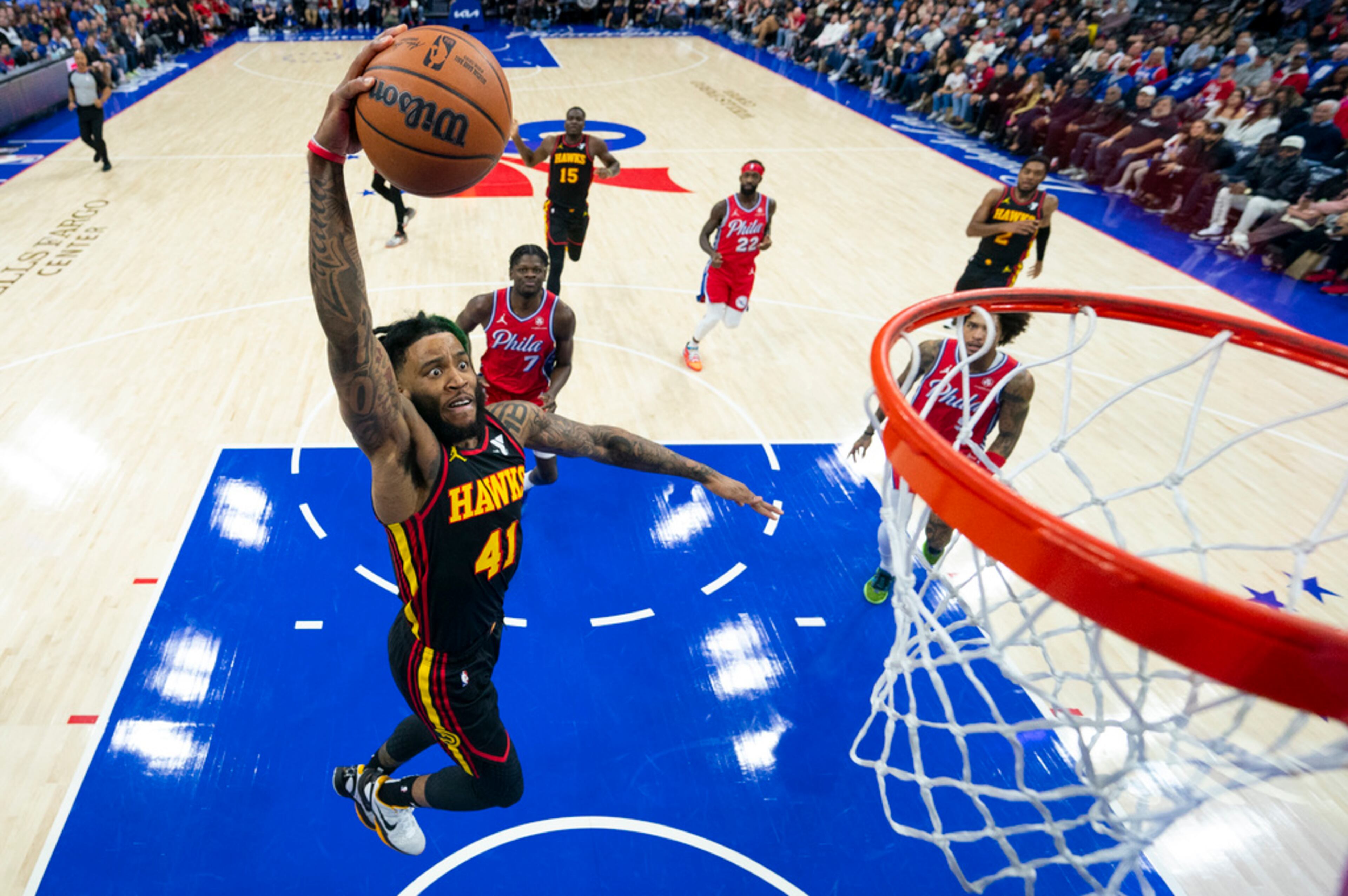 Atlanta Hawks' Saddiq Bey goes up for a dunk during the second half of the team's NBA basketball game against the Philadelphia 76ers, Friday, Dec. 8, 2023, in Philadelphia. (AP Photo/Chris Szagola)
