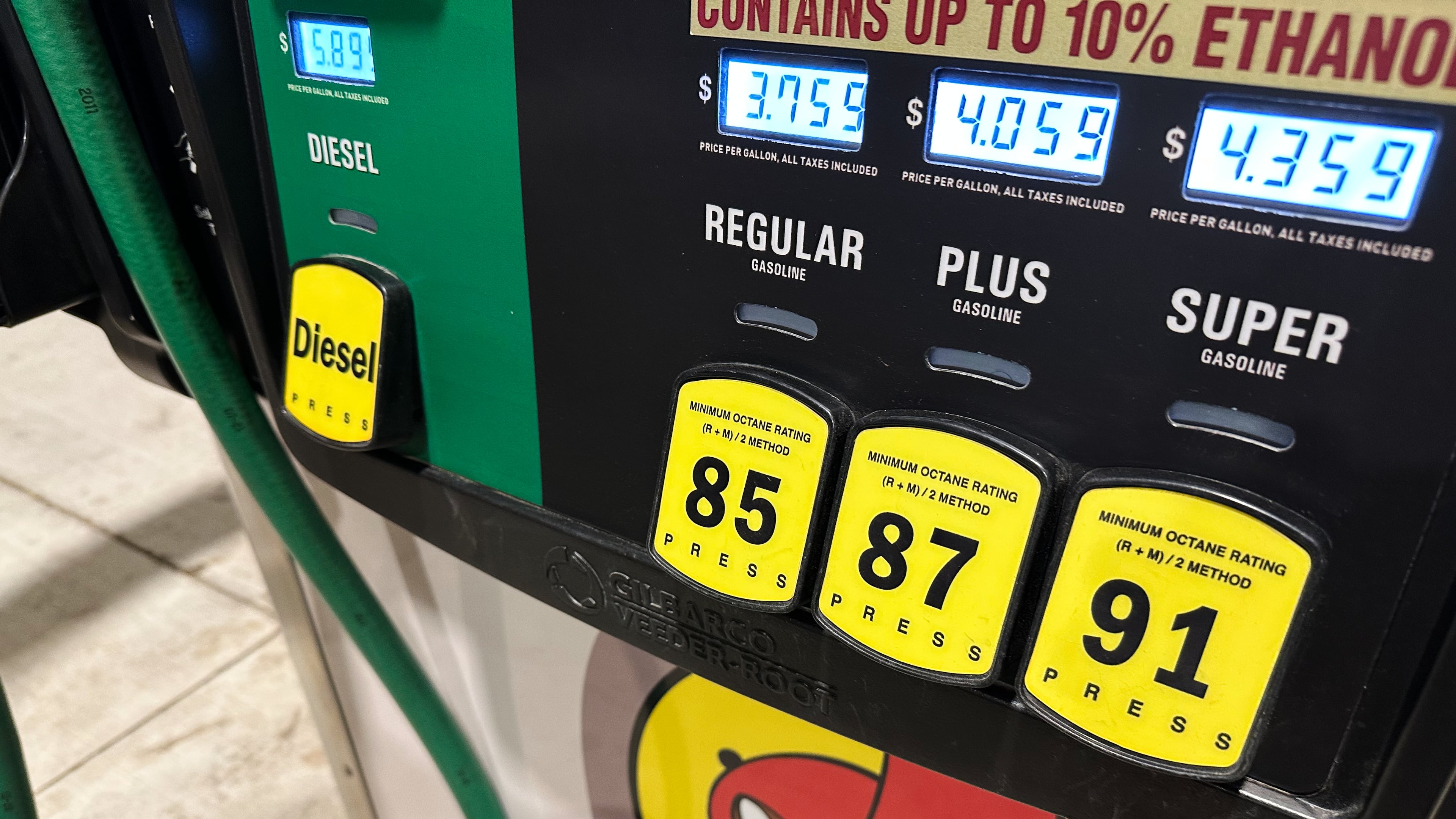 The per-gallon price for the various grades of gasoline available is displayed elecronically on a pump at a Buc-ee's station Monday, Oct. 12, 2026, in Johnstown, Colo. (AP Photo/David Zalubowski)
