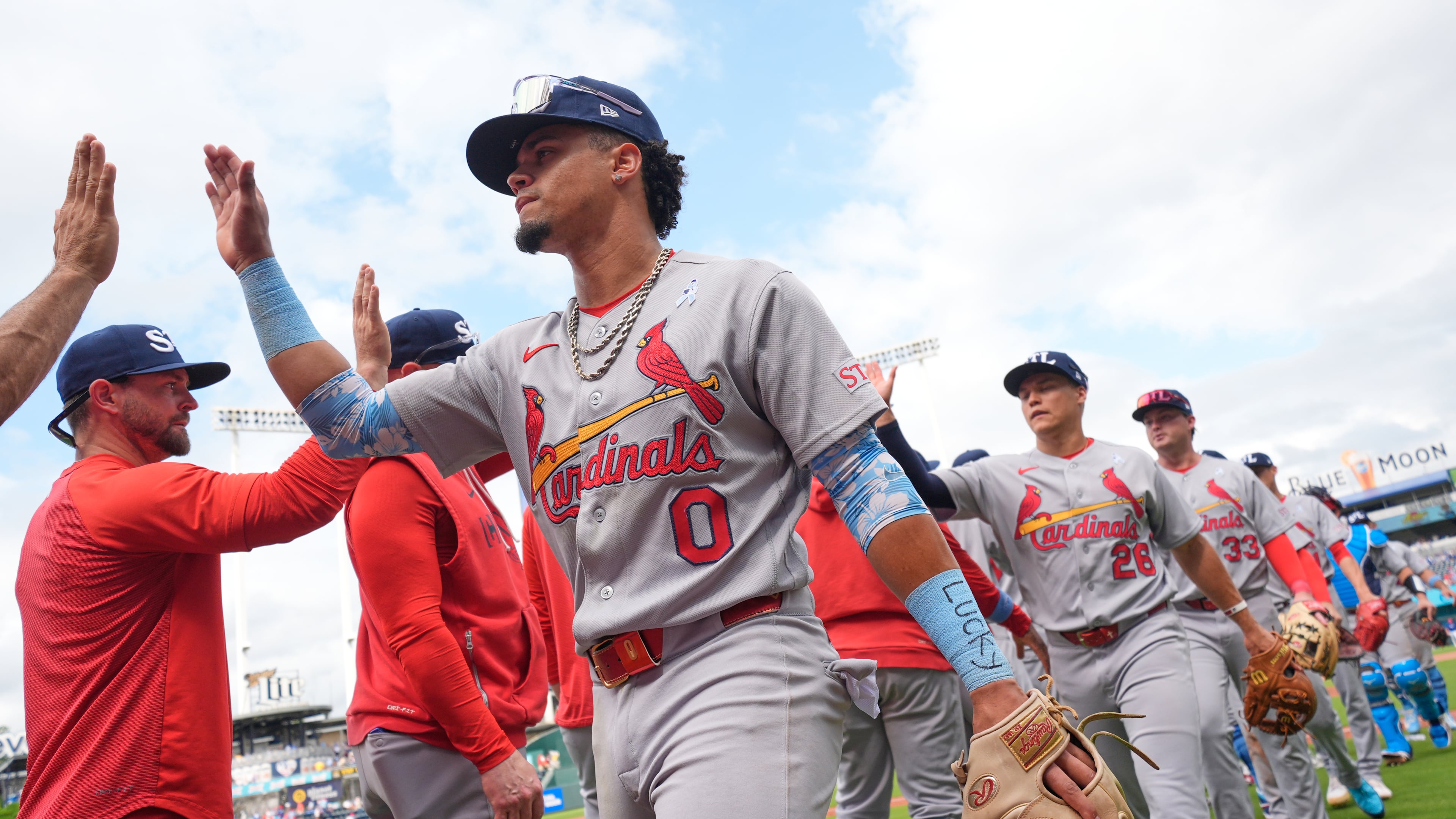 St. Louis Cardinals' Masyn Winn (0) celebrates with teammates afte a baseball game against the Kansas City Royals, Sunday, June 21, 2026, in Kansas City, Mo. (AP Photo/Charlie Riedel)