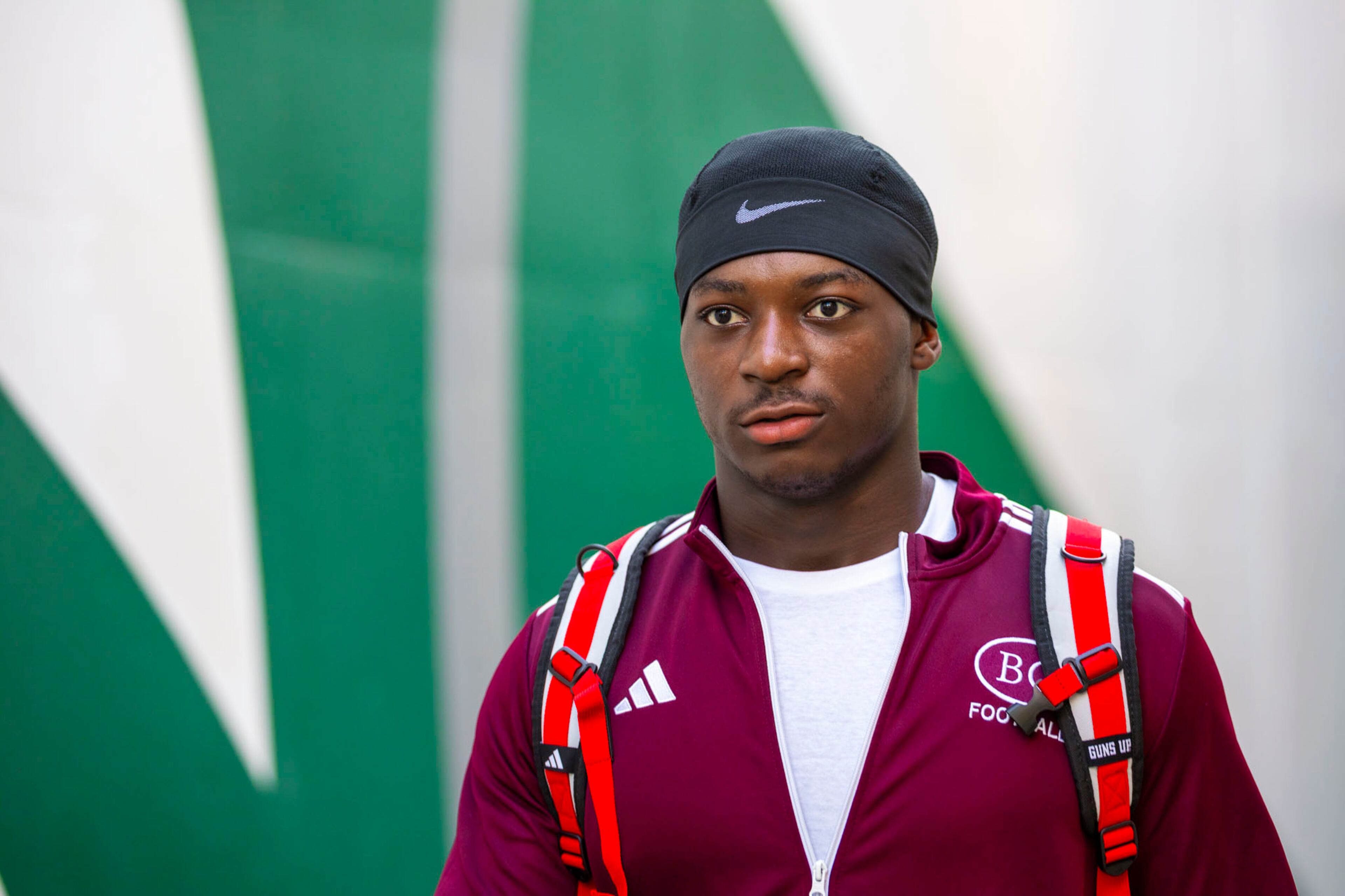 Benedictine linebacker LaDamion Guyton walks out of the locker rooms against Westminster at Fritz Orr Field in Atlanta, GA on Friday, Sept. 19th, 2025. (Oscar Guevara Saenz for the AJC)