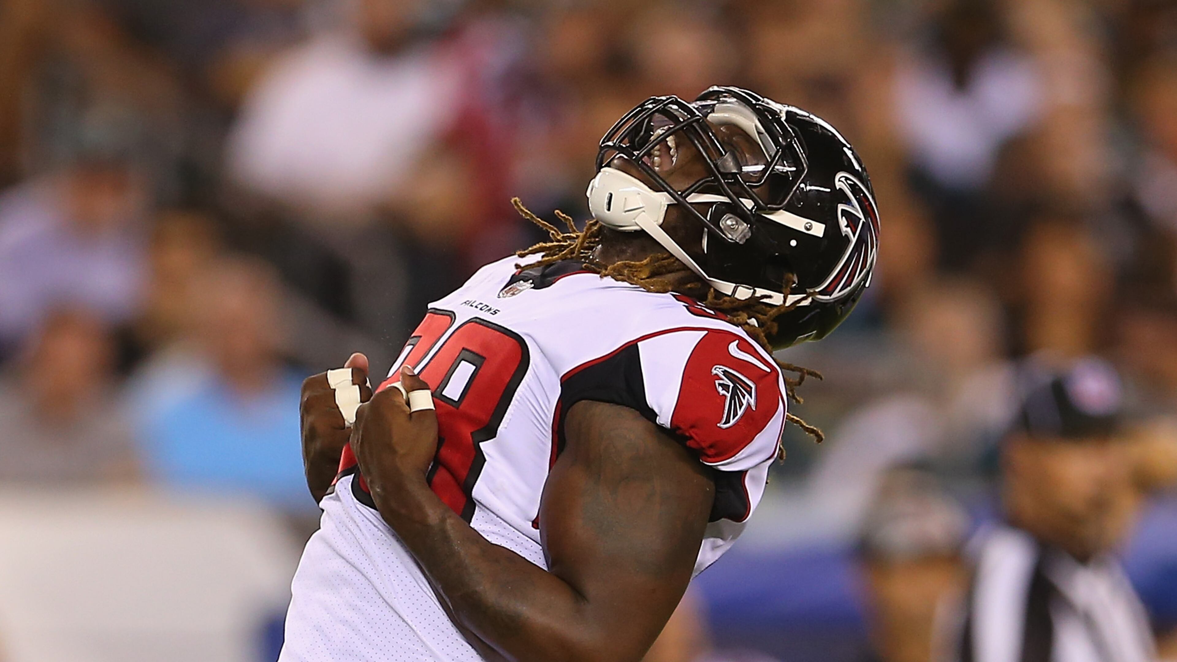 Takkarist McKinley of the Falcons reacts after sacking the quarterback against the Eagles on September 6, 2018 in Philadelphia. (Photo by Mitchell Leff/Getty Images)