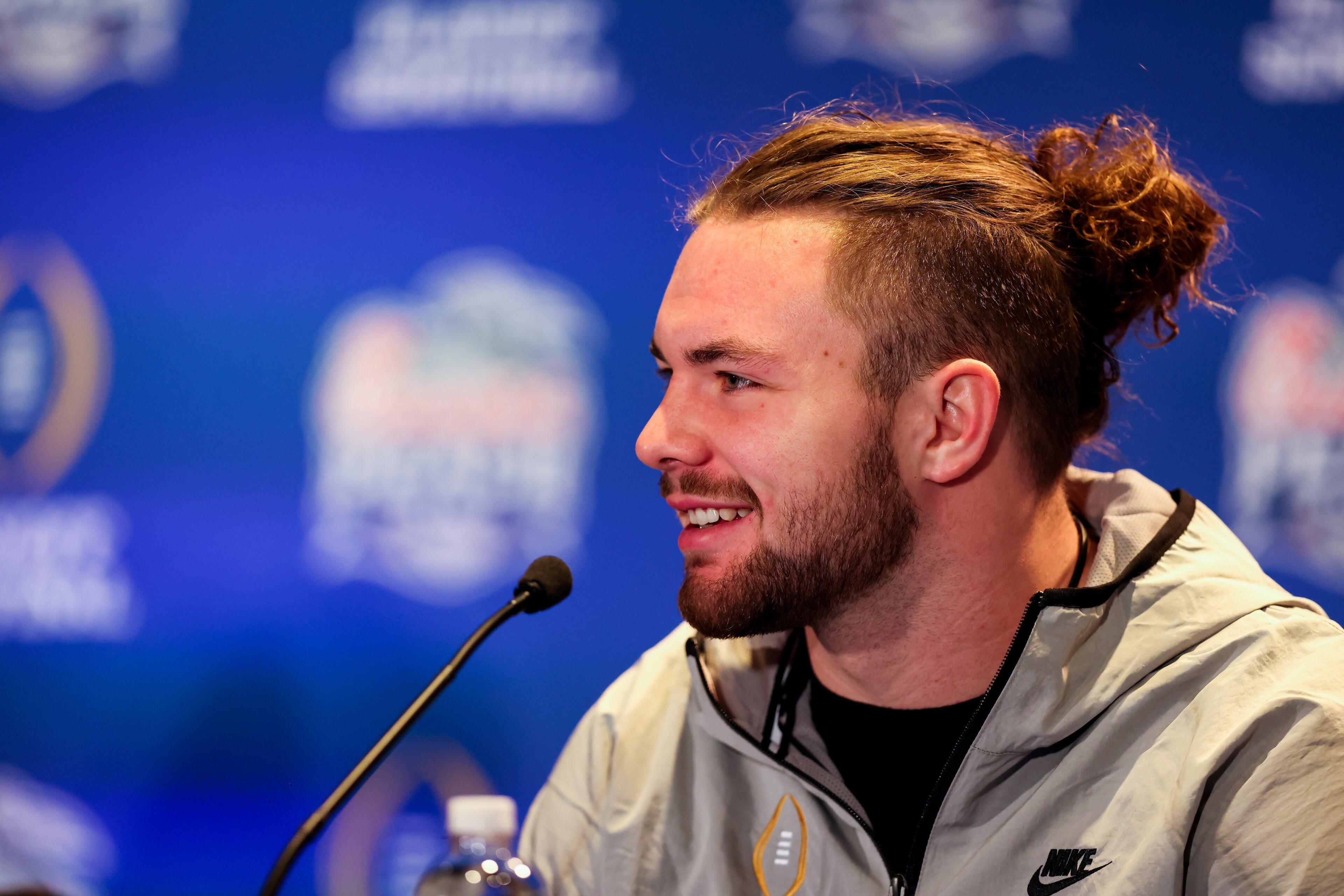 Georgia linebacker Chaz Chambliss speaks during a press conference on Tuesday, Dec. 27, 2022. Georgia will face Ohio State in the 2022 College Football Playoff Semifinal at the Chick-fil-A Peach Bowl. (Jason Parkhurst via Abell Images for the Chick-fil-A Peach Bowl)