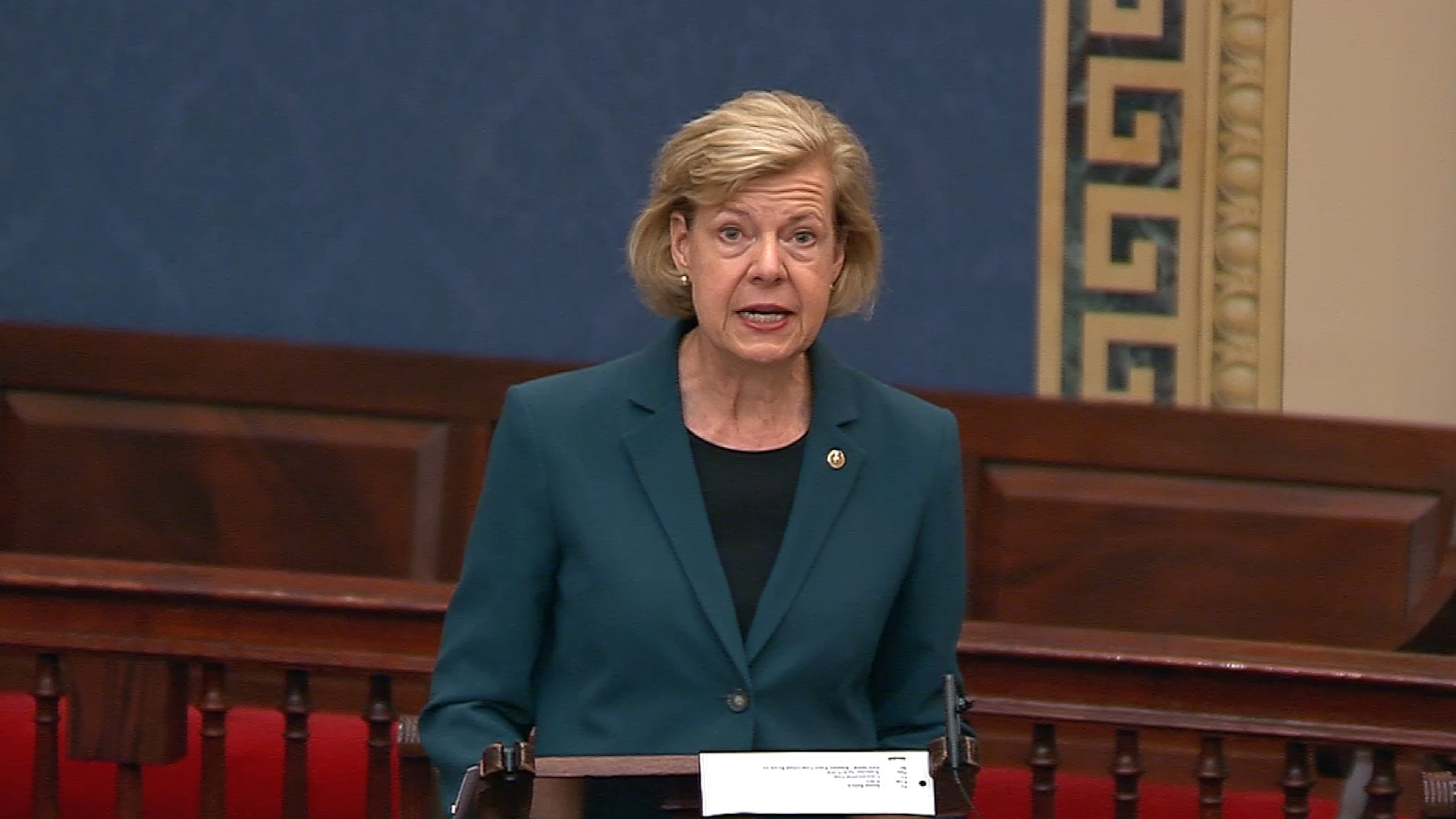 In this image from Senate Television video, Sen. Tammy Baldwin, D-Wis., speaks about the Boundary Waters in northern Minnesota, on the Senate floor at the U.S. Capitol in Washington, Wednesday, April 15, 2026. (Senate Television via AP)