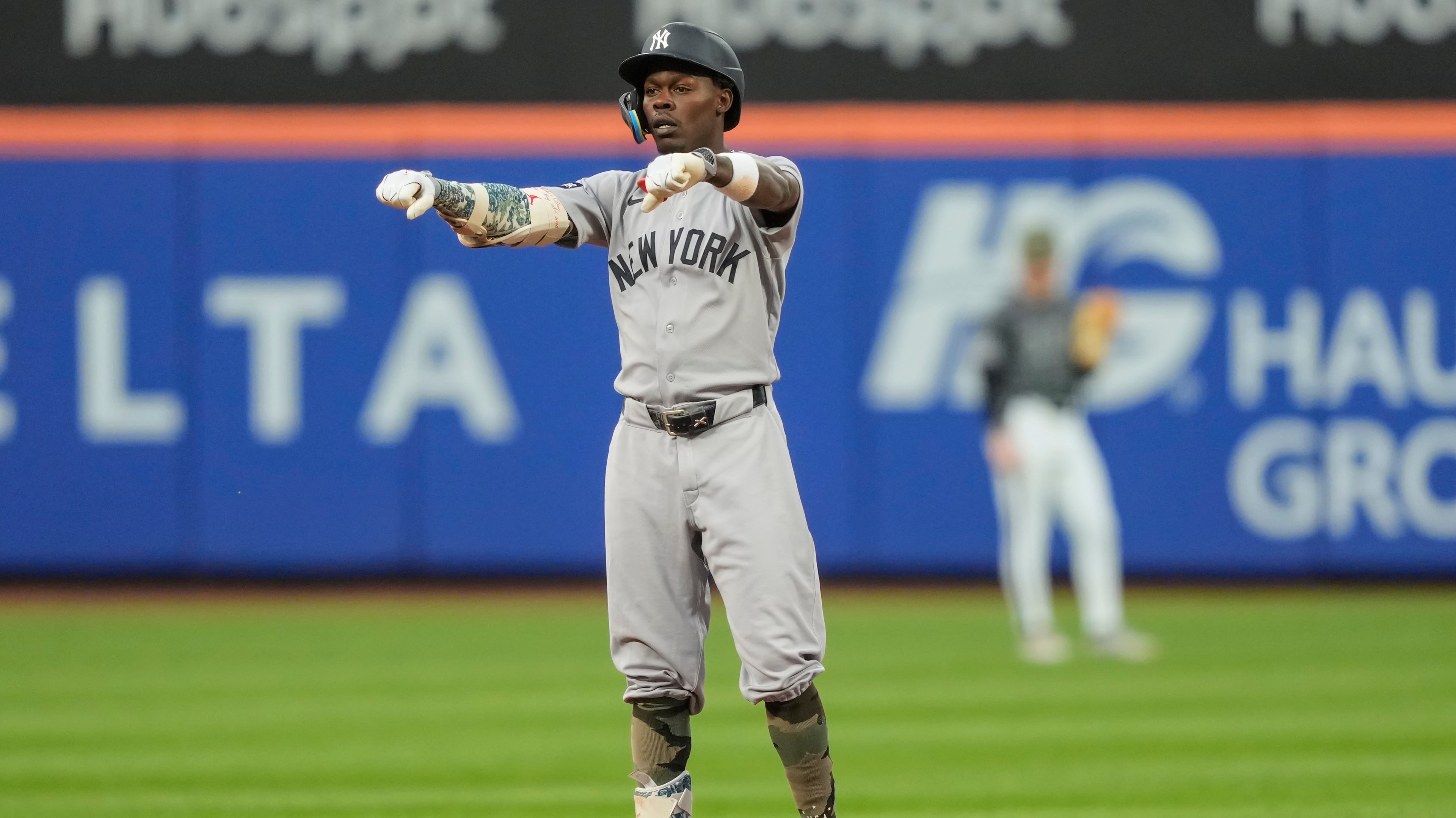 New York Yankees' Jazz Chisholm Jr. reacts after hitting a double during the second inning of a baseball game against the New York Mets, Saturday, May 16, 2026, in New York. (AP Photo/Yuki Iwamura)