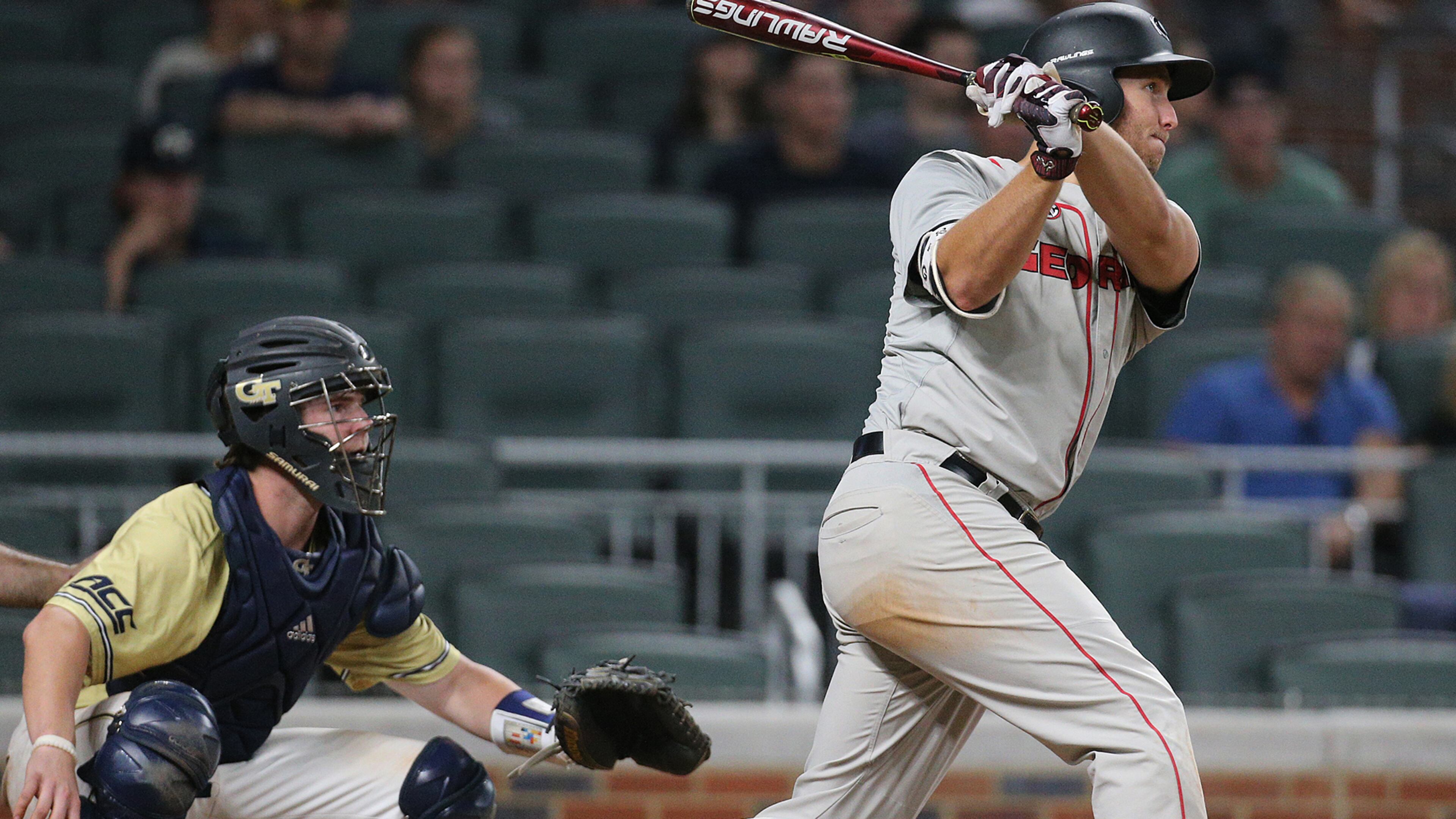 Georgia’s Keegan McGovern hits the winning RBI single to score Mitchel Webb for a 8-7 victory over Georgia Tech during the ninth inning of the Spring Classic in a NCAA college baseball game at SunTrust Park on Tuesday, May 9, 2017, in Atlanta. Curtis Compton/ccompton@ajc.com