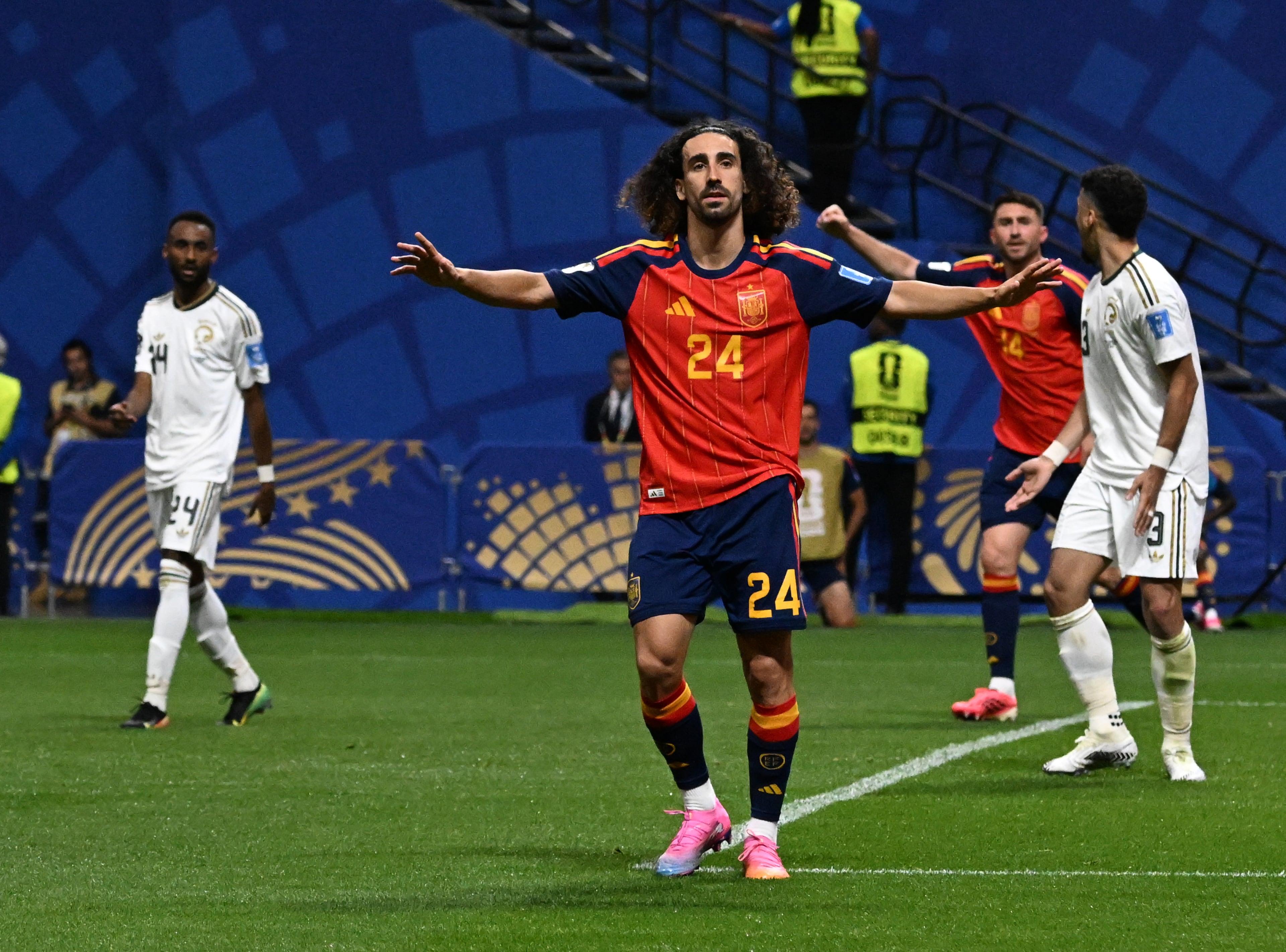 Spain's Marc Cucurella celebrates his shot off Saudi Arabia goalkeeper Mohammed Al-Owais for a goal during the second half of the Spain vs. Saudi Arabia World Cup match Sunday, June 21, 2026, at Atlanta Stadium. (Hyosub Shin/AJC)