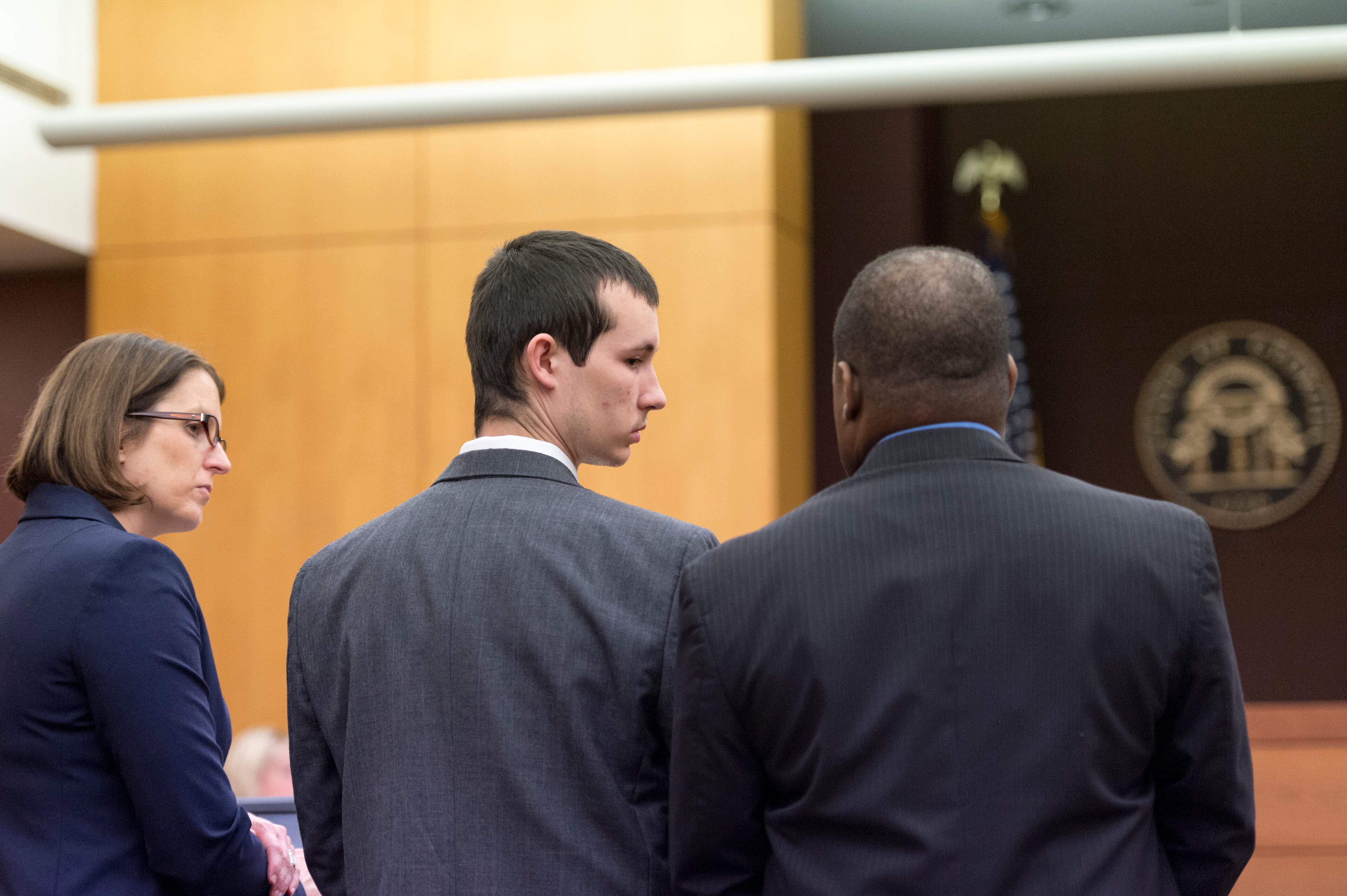 May 17, 2017, Atlanta - Jeffrey Hazelwood, center, looks to his attorneys before pleading guilty during a sentencing in Atlanta, Georgia, on Wednesday, May 17, 2017. Hazelwood plans to plead guilty to all charges involving the murder of Carter Davis and Natalie Henderson, (DAVID BARNES / DAVID.BARNES@AJC.COM)