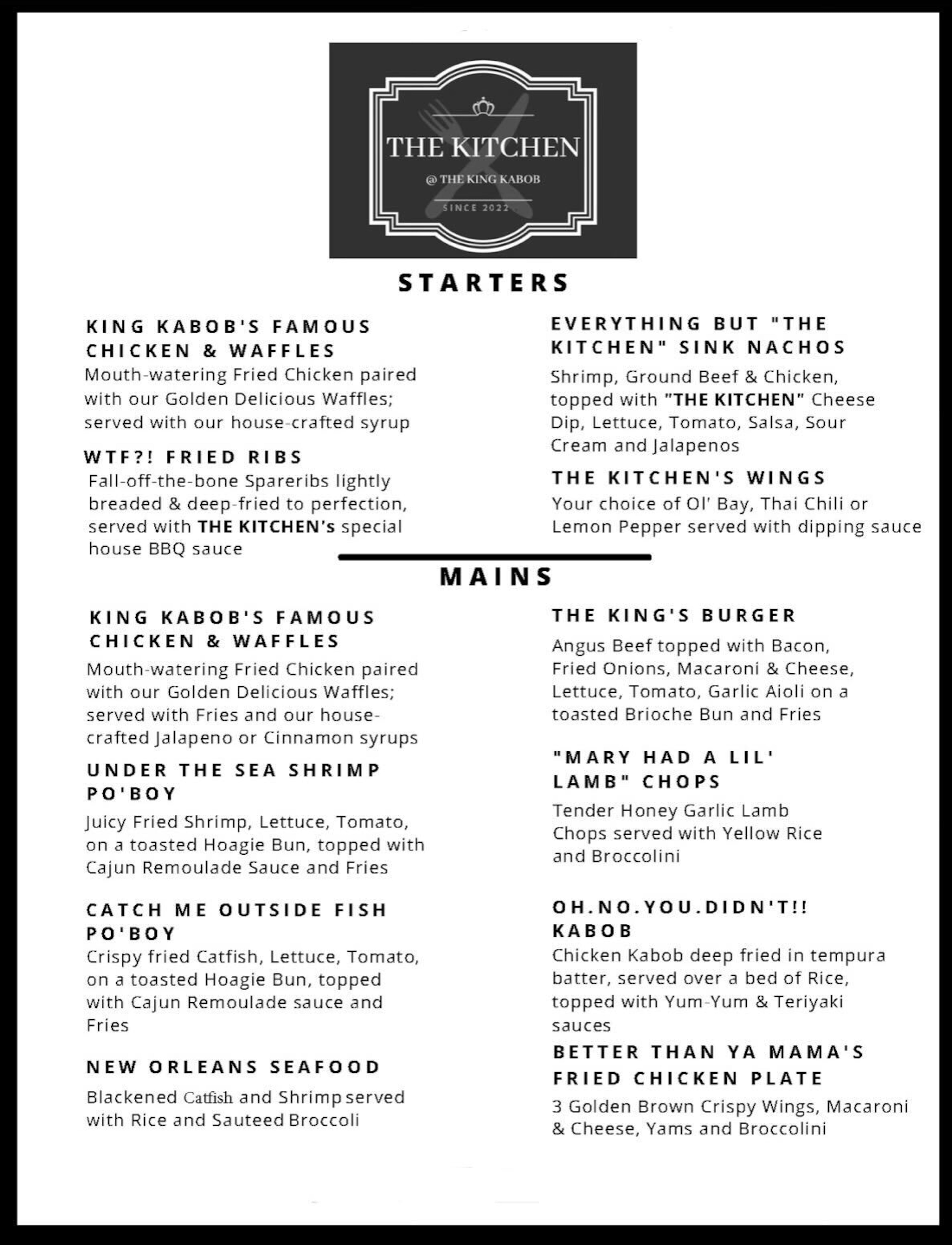 Menu for Kitchen at the King Kabob.