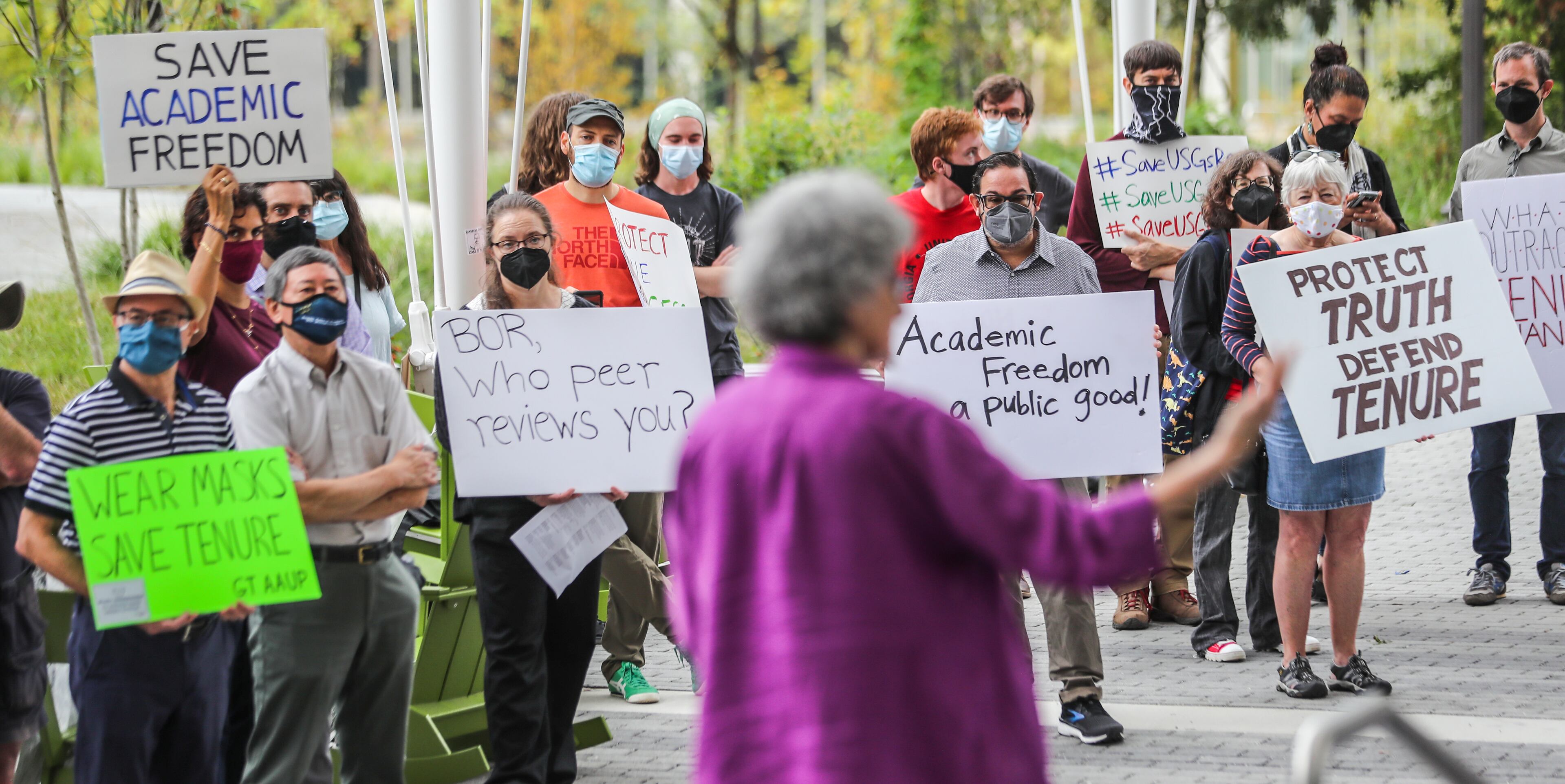 Dr. Janet Murray is a professor in the School of Literature, Media, and Communication at Georgia Tech addresses professors from several Georgia universities who rallied Tuesday, Oct. 12, 2021 at the Keneda Building on the Georgia Tech campus in Atlanta against proposed changes to the state system’s post-tenure review process they believe will make it easier for administrators to fire them. The board is scheduled to vote on the proposed changes Wednesday. (John Spink / John.Spink@ajc.com)
