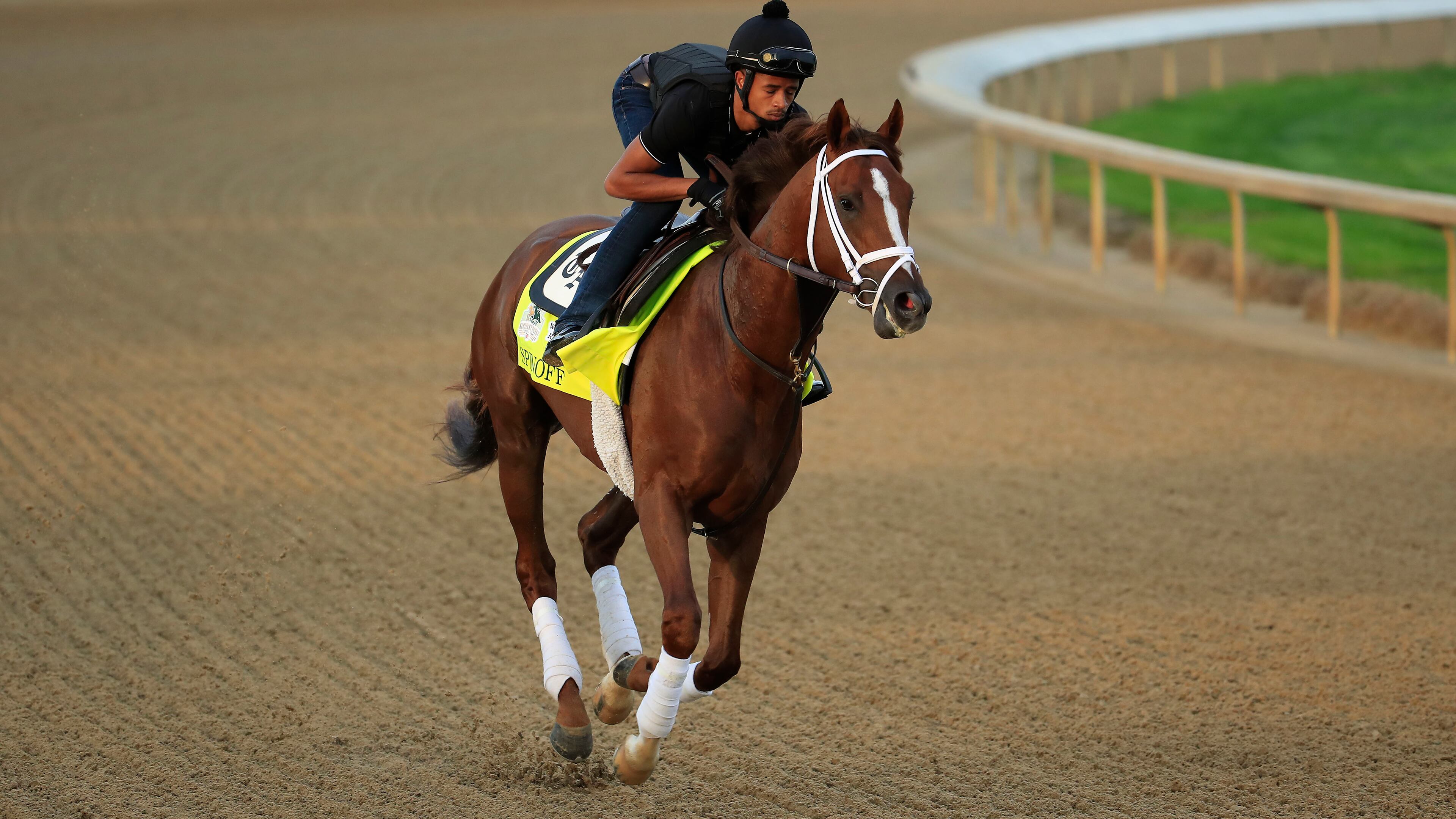Spinoff runs on the track during morning training for the Kentucky Derby May 1, 2019, at Churchill Downs in Louisville, Ky.