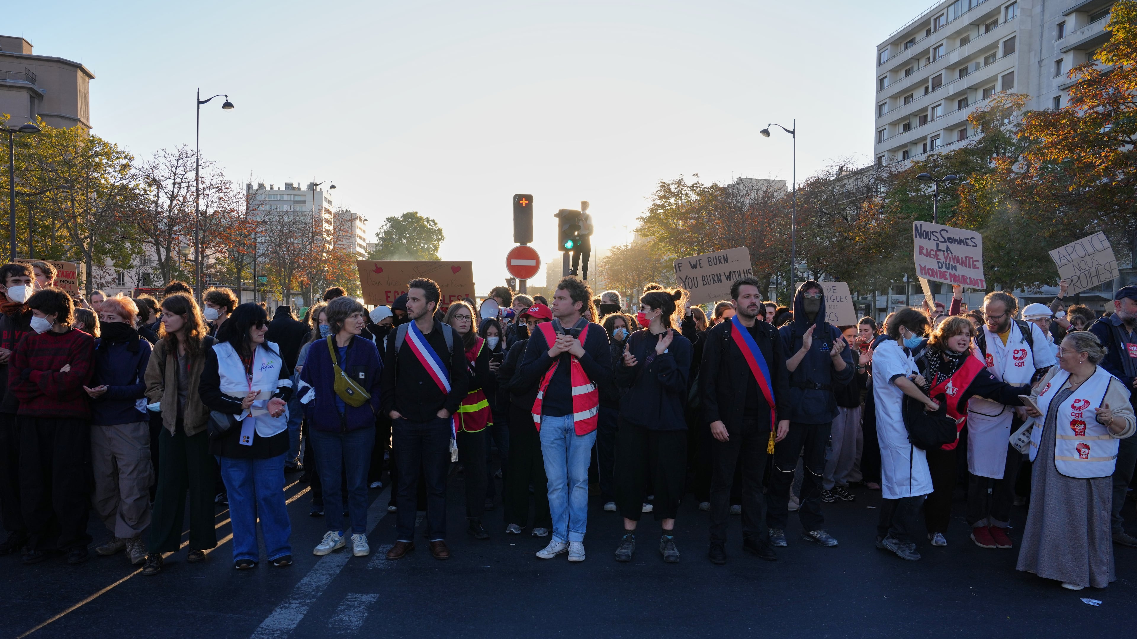 Students gather on the street before a demonstration against under-resourced schools, in Paris, Tuesday, Oct. 6, 2026. (AP Photo/Aurelien Morissard)
