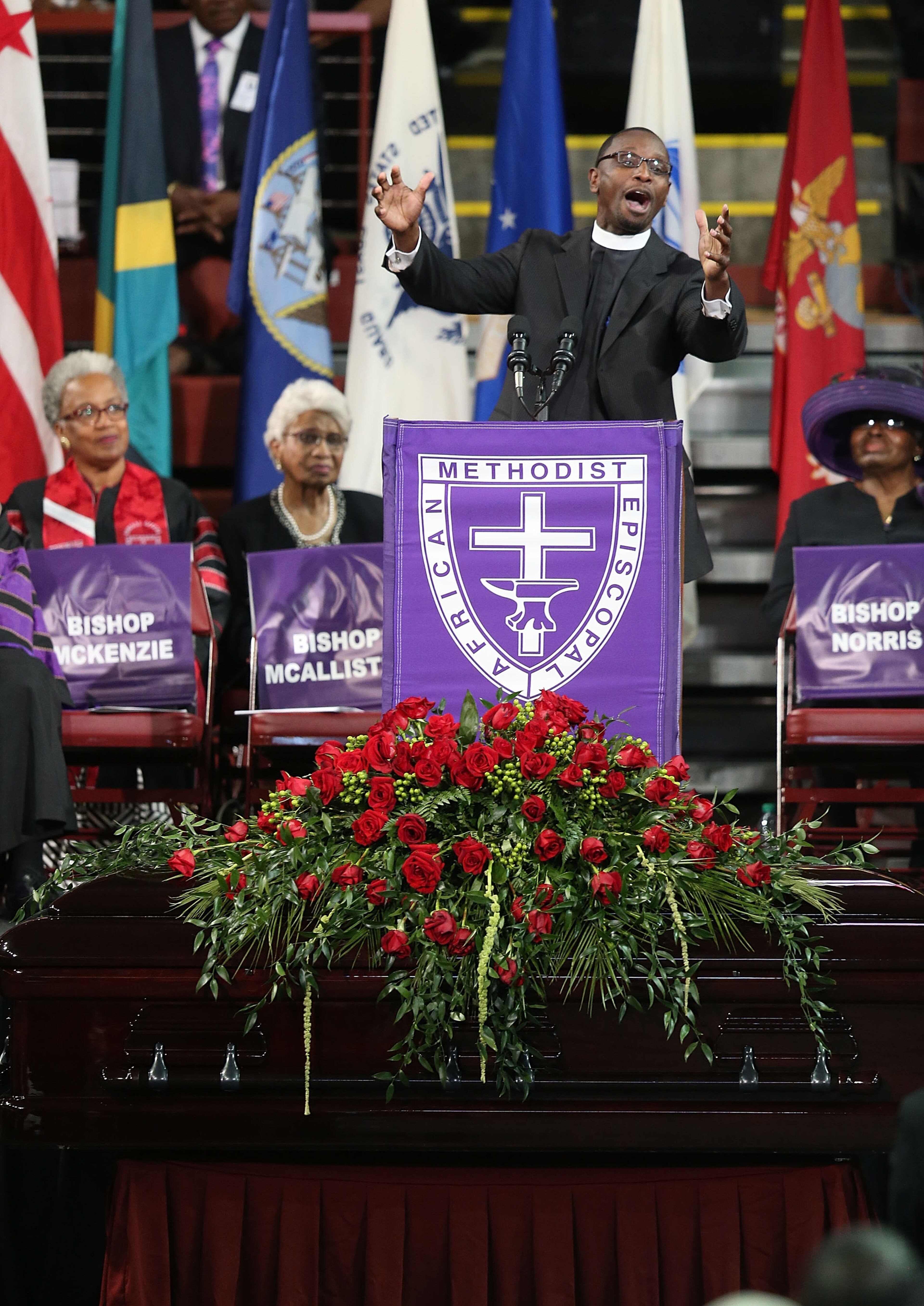 CHARLESTON, SC - JUNE 26: Rev. Kylon Jerome Middleton speaks during the funeral at the College Charleston TD Arena for his friend South Carolina State Sen. Clementa Pinckney who was killed during the mass shooting at the Emanuel African Methodist Episcopal Church along with eight others on June 26, 2015 in Charleston, South Carolina. Suspected shooter Dylann Roof, 21 years old, is accused of killing nine people on June 17th during a prayer meeting in the church, which is one of the nation's oldest black churches in Charleston. (Photo by Joe Raedle/Getty Images)