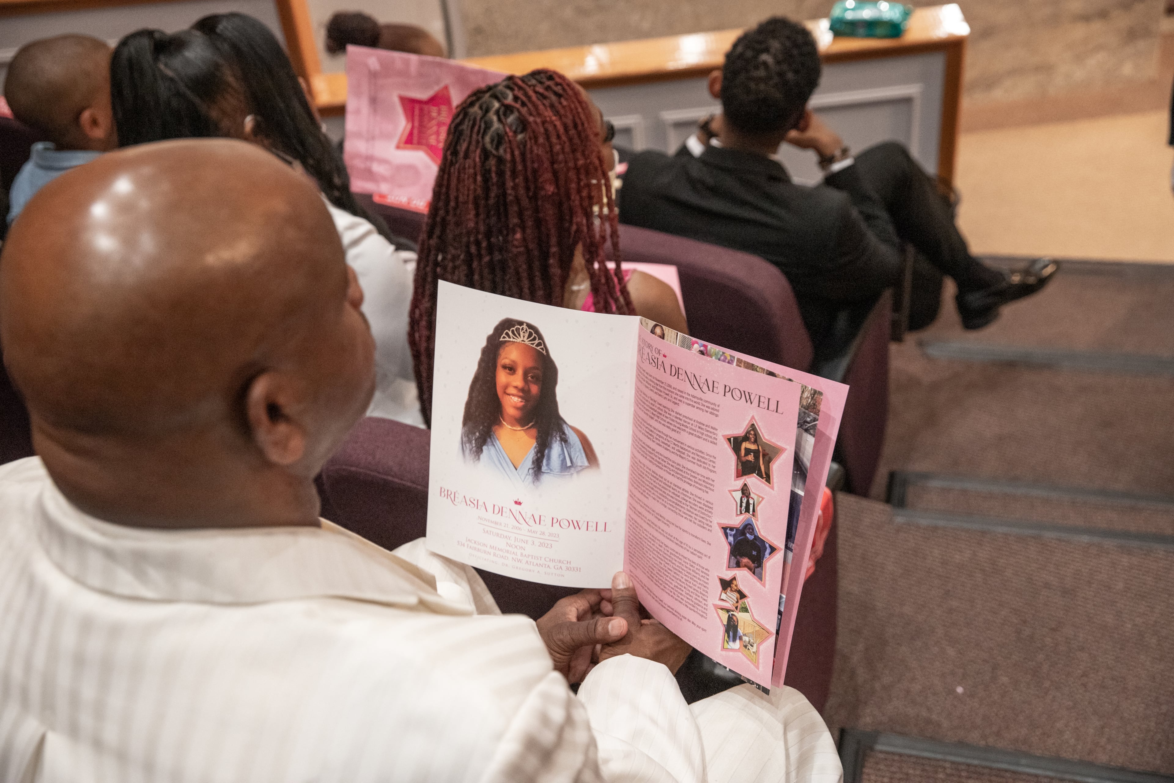 Friends, classmates and members of the community attend Bre’Asia Powell’s memorial service at Jackson Memorial Baptist Church in Atlanta on Saturday, June 3, 2023. Powell, 16, was fatally shot at a graduation party outside Benjamin E. Mays High School. (Jenni Girtman for The Atlanta Journal-Constitution)
