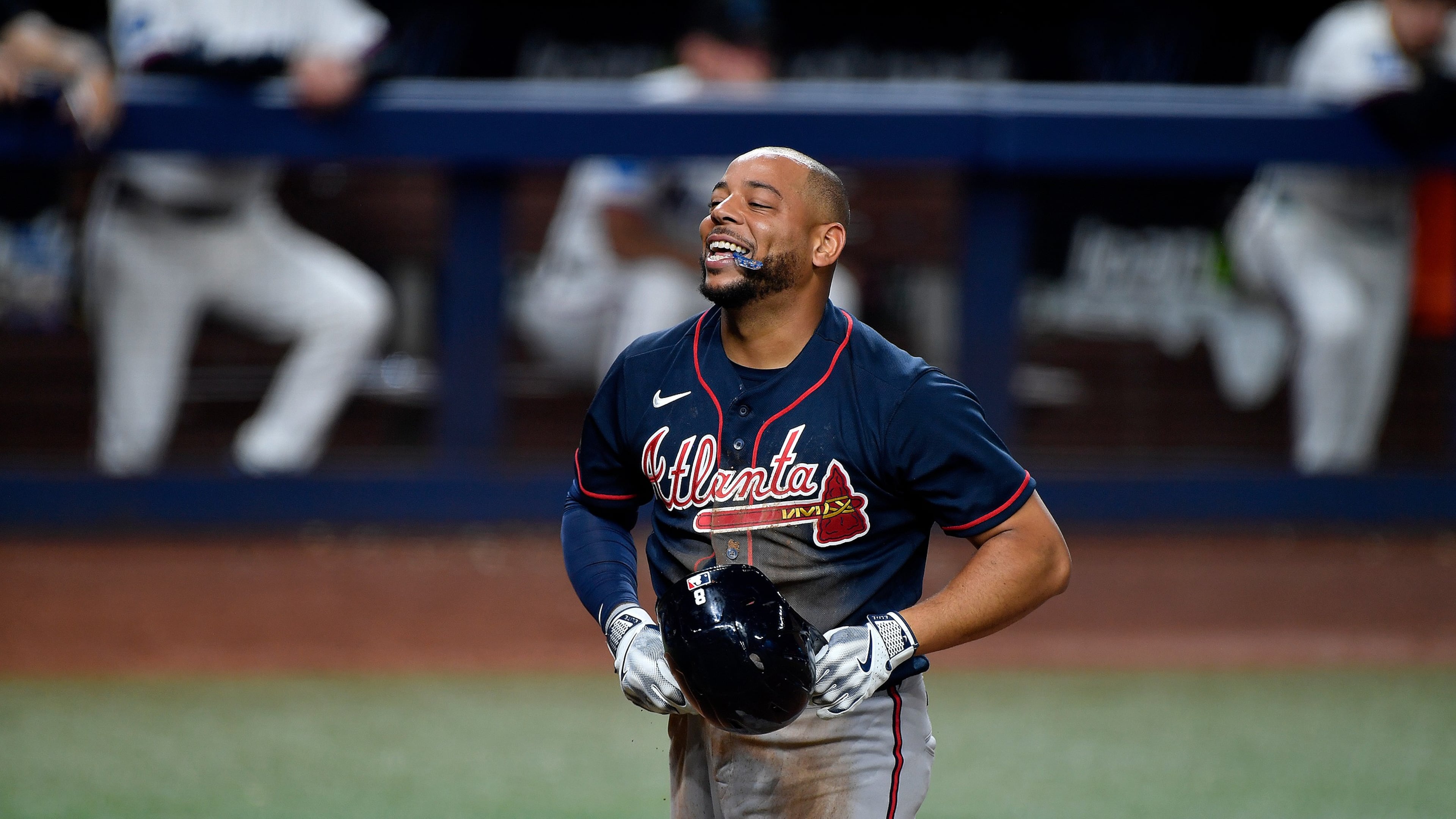 Braves designated hitter Dominic Smith reacts to scoring a run during the eighth inning against the Marlins on Wednesday, May 20, 2026, in Miami. (Michael Laughlin/AP)