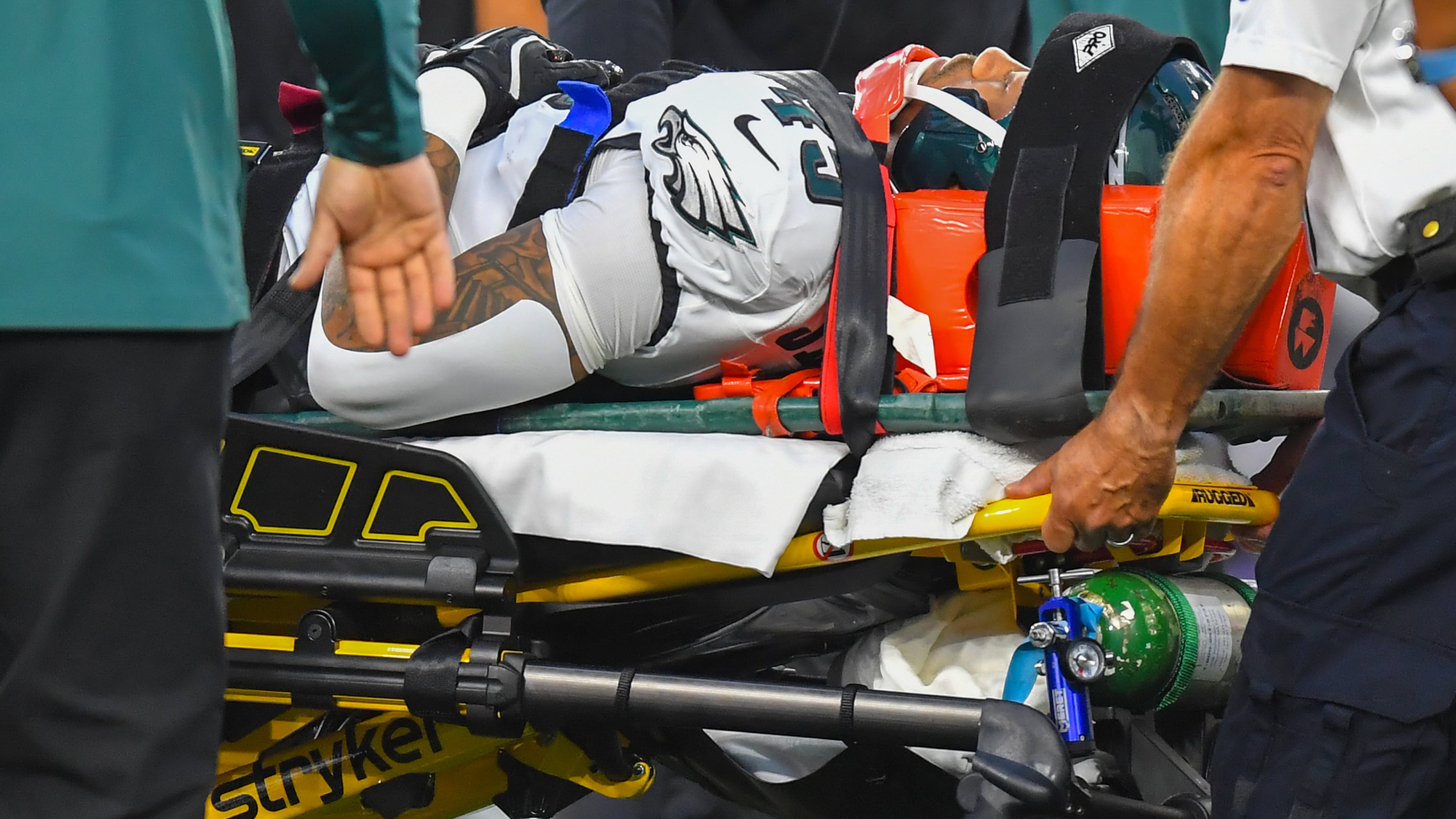Philadelphia Eagles' Ja'Quinden Jackson is taken off the field on a stretcher after an injury against the New England Patriots during the first half of an NFL preseason football game, Saturday, Aug. 22, 2026, in Foxborough, Mass. (AP Photo/Steven Senne)
