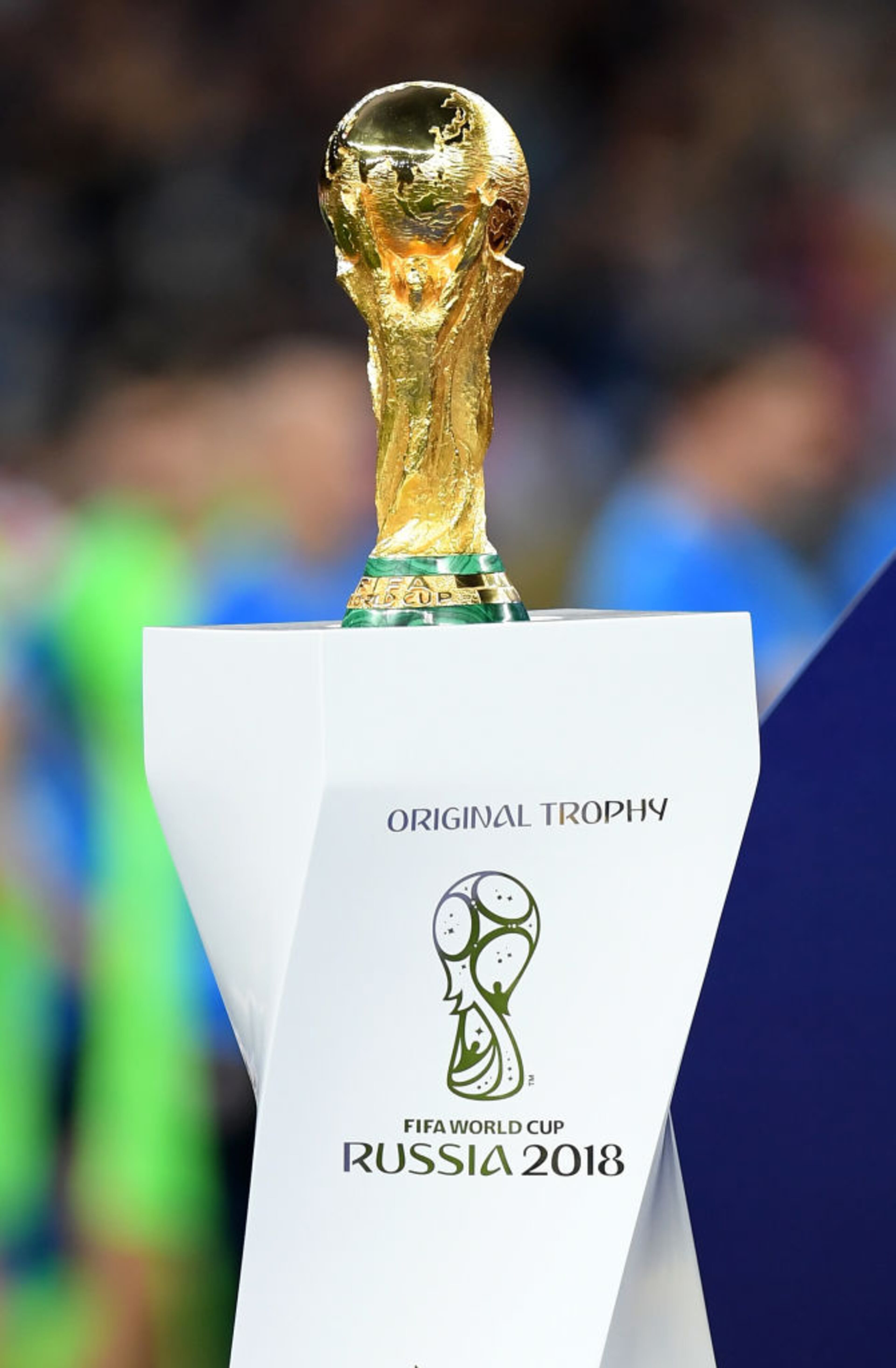 MOSCOW, RUSSIA - JULY 15: A detailed view of the World Cup Trophy is seen before it is presented to France after the 2018 FIFA World Cup Final between France and Croatia at Luzhniki Stadium on July 15, 2018 in Moscow, Russia. (Photo by Matthias Hangst/Getty Images)
