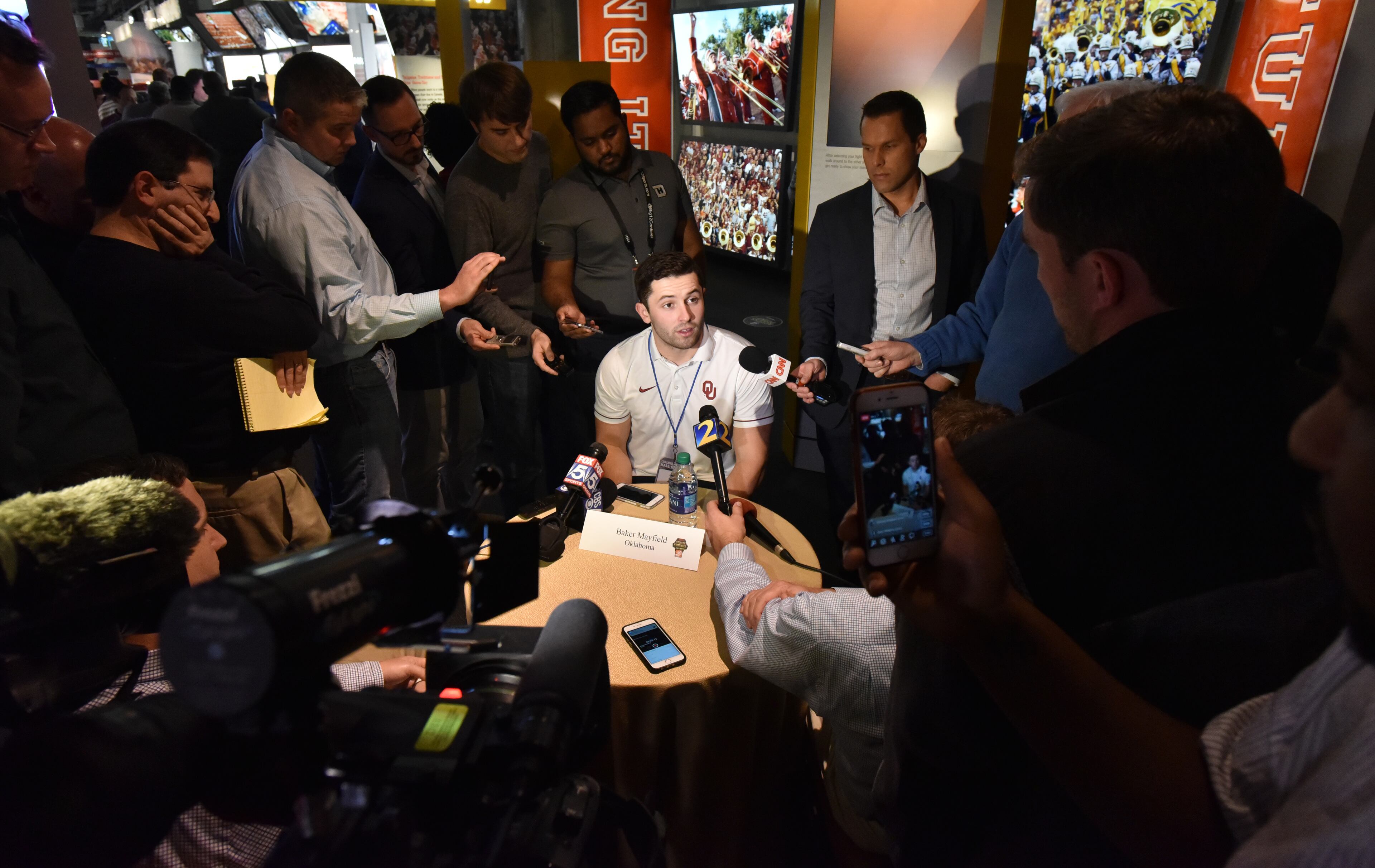 December 6, 2017 Atlanta - Oklahoma quarterback Baker Mayfield speaks to members of the press a day before the "College Football Awards" show at College Football Hall of Fame on Wednesday, December 6, 2017. HYOSUB SHIN / HSHIN@AJC.COM
