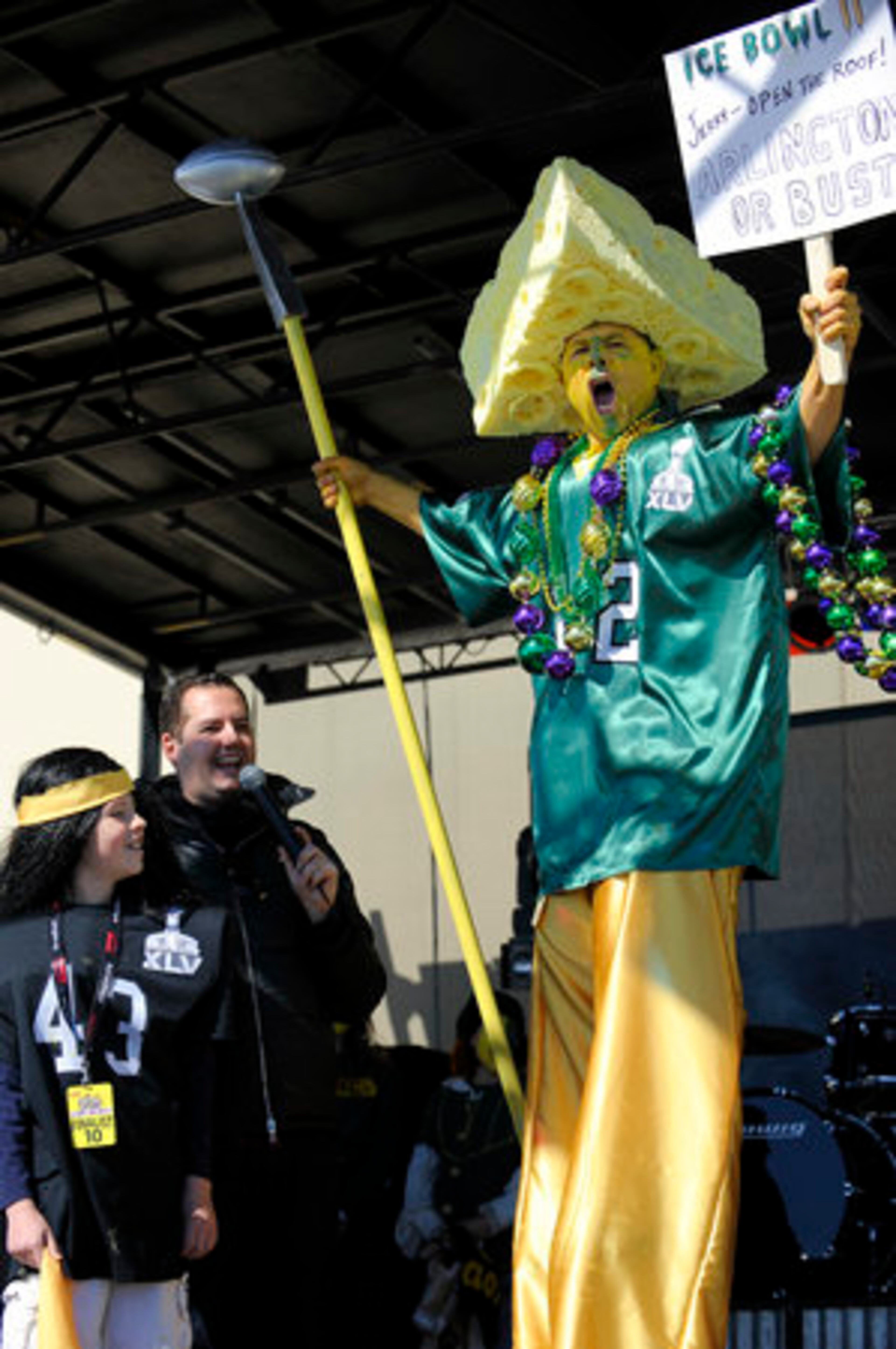 Stewart Newman of Dallas, Texas, and his son, Travis, were the winners of two Super Bowl tickets in the Craziest Fan competition in Lincoln Square ahead of Super Bowl XLV in Arlington, Texas, on Saturday, Feb. 5, 2011.