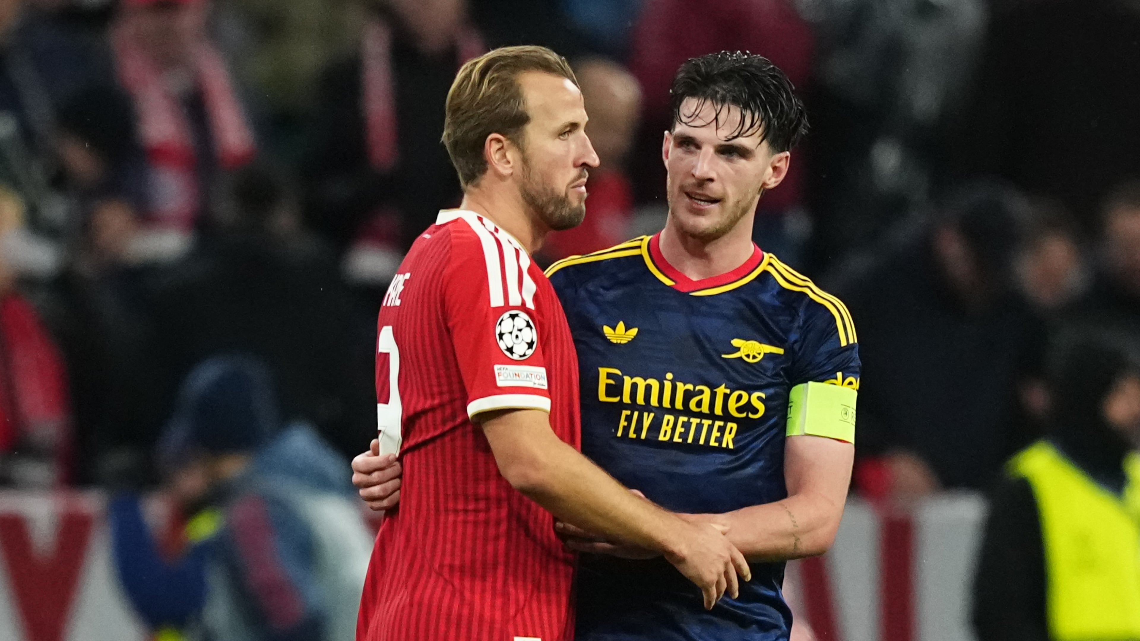 Bayern's Harry Kane, left, and Arsenal's Declan Rice talk after the UEFA Champions League soccer match between Bayern and Arsenal in Munich Germany, Wednesday, Oct. 21, 2026. (AP Photo/Martin Meissner)