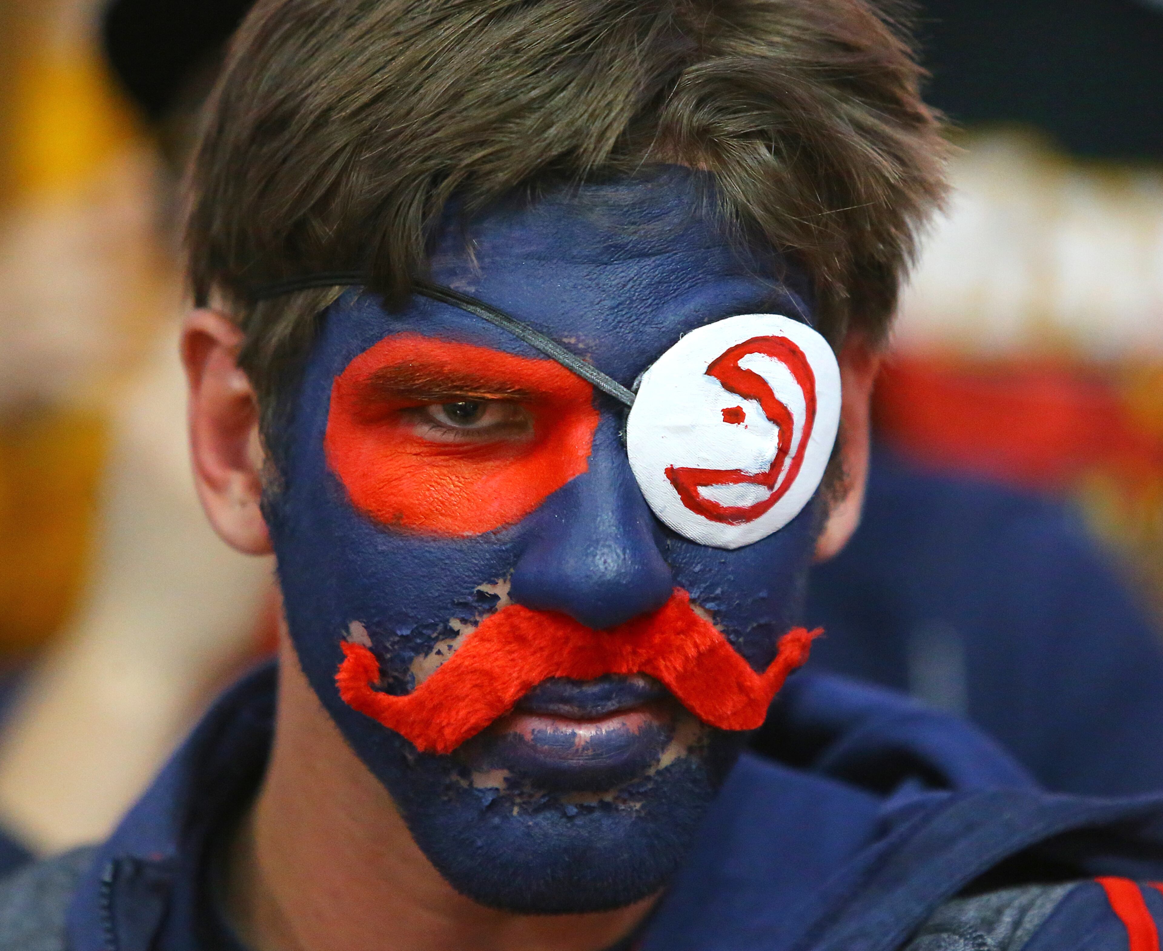Nolan Keatley, Atlanta, has his game face on to cheer the Hawks against the Pacers in their NBA playoff game on Thursday, April 24, 2014, in Atlanta. CURTIS COMPTON / CCOMPTON@AJC.COM