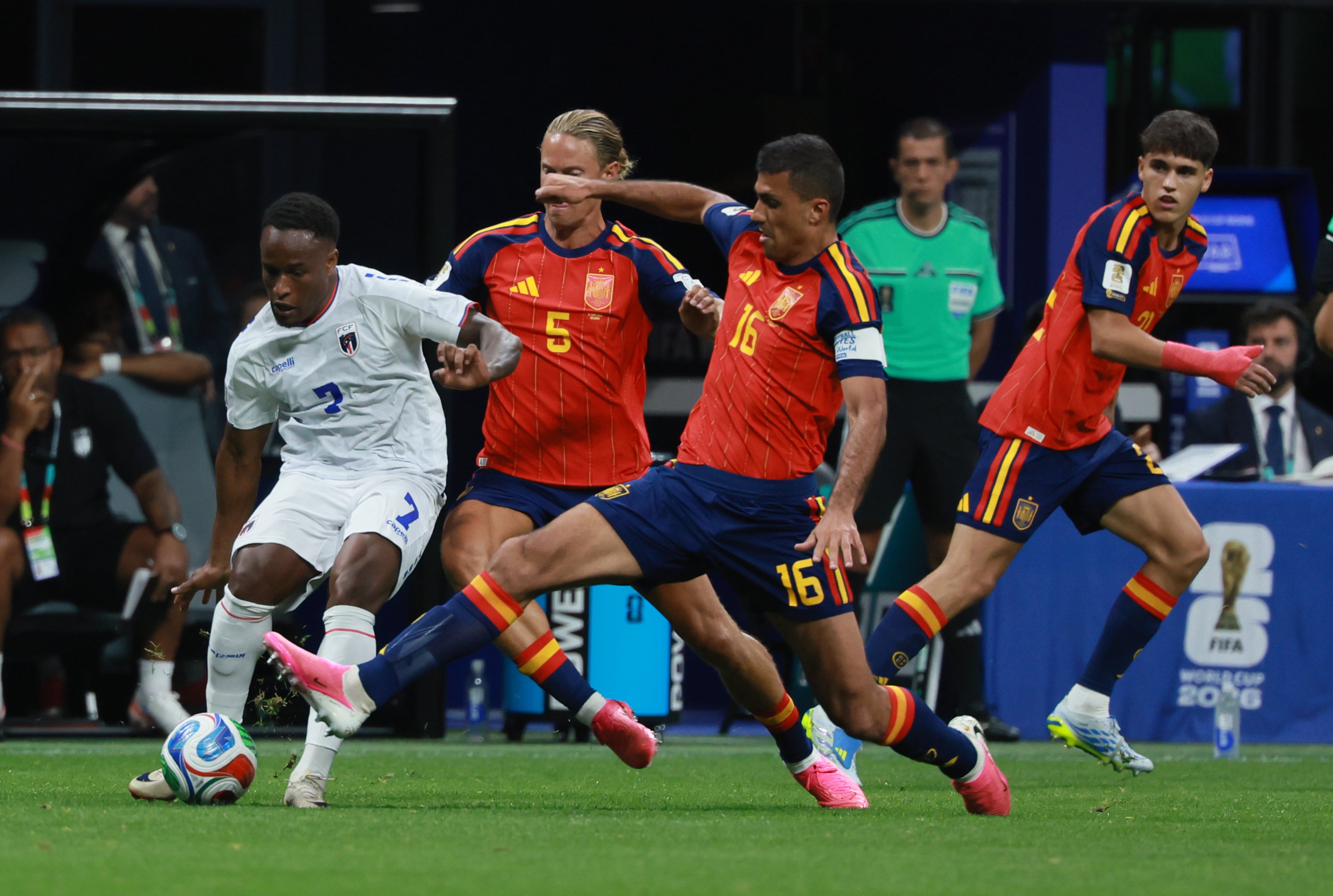 Cape Verde's Jovane Cabral (left) competes for ball with Spain's Marcos Llorente (second from left) and Rodri (second from right) during Spain vs. Cape Verde Group H match at Atlanta Stadium (Mercedes-Benz Stadium) on Monday, June 15, 2026. (Jason Getz/AJC)