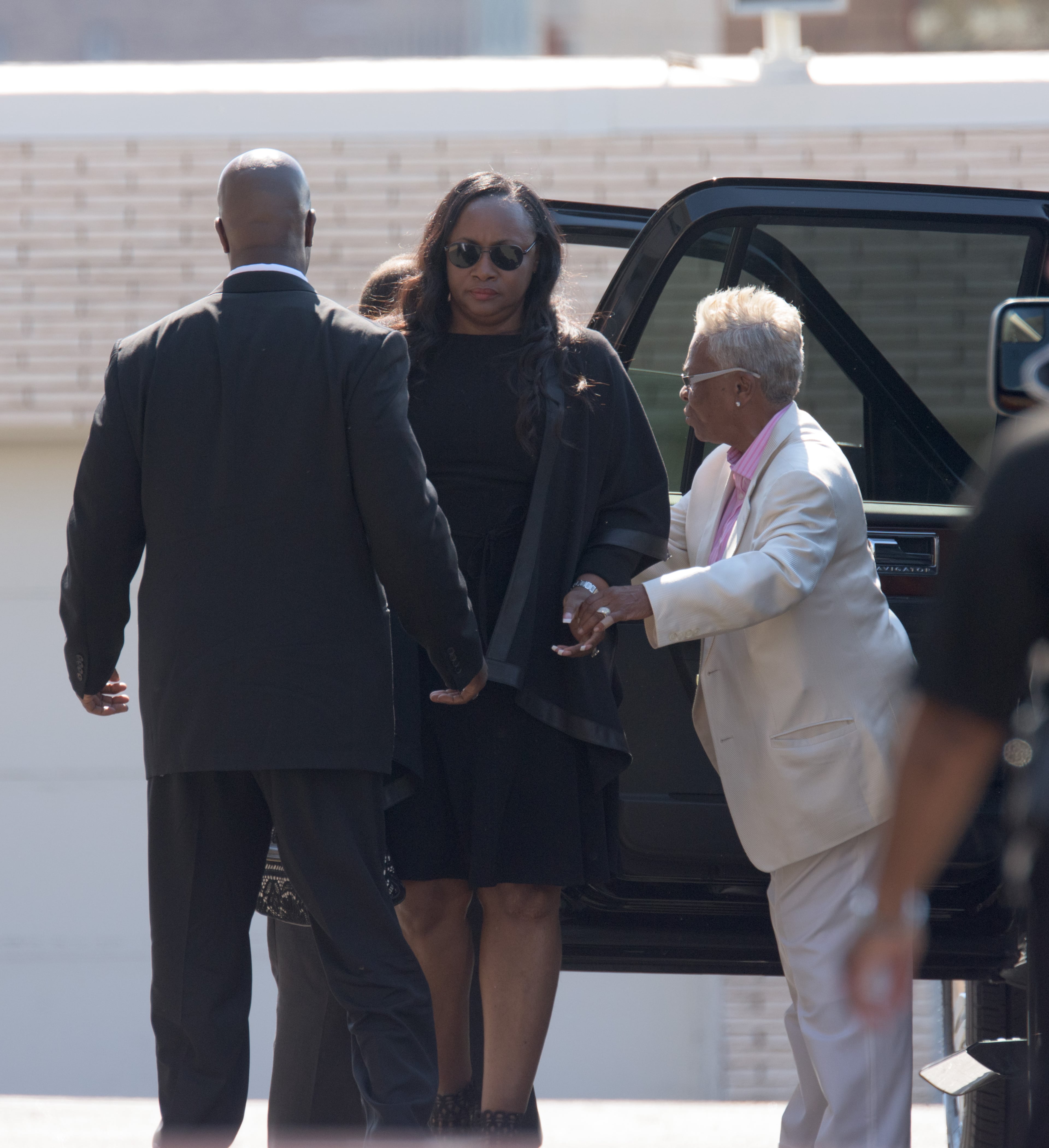 WESTFIELD, NJ - AUGUST 03: Pat Houston arrives at the funeral service for Bobbi Kristina Brown at the Whigham Funeral Home on August 3, 2015 in Newark, New Jersey. Bobbi Kristina Brown, daughter of Whitney Houston and Bobby Brown, was reportedly found unconscious in her bathtub on January 31, 2015 and passed away on July 26, 2015 at the age of 22 after an extended hospital stay. (Photo by Dave Kotinsky/Getty Images)