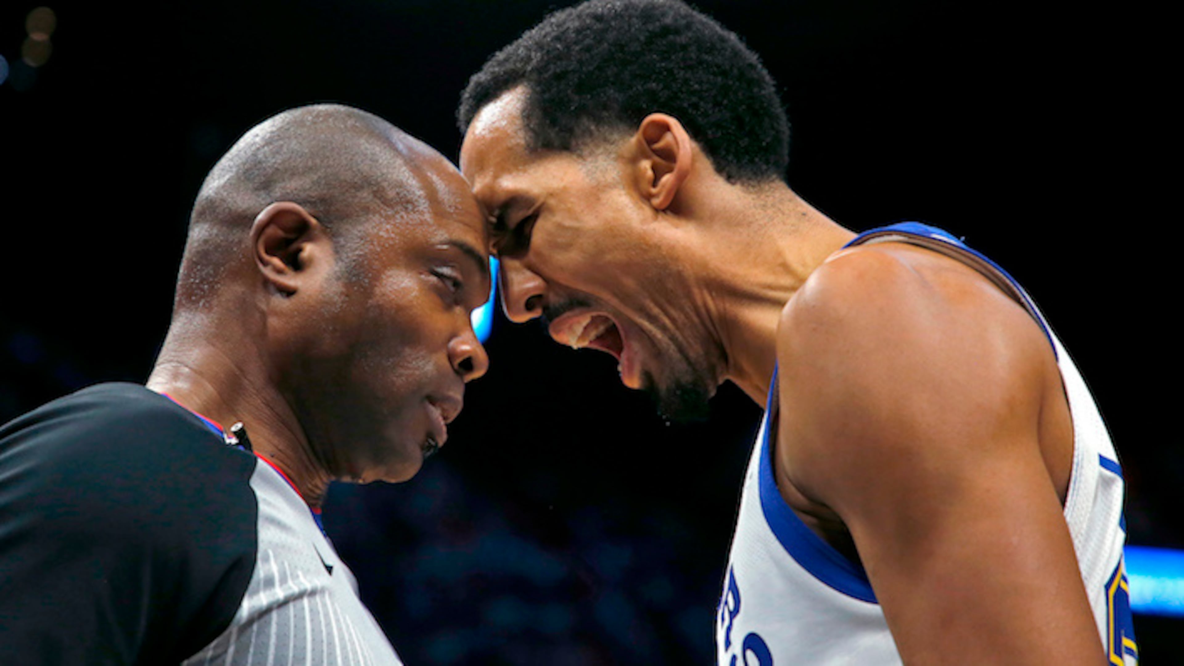 Golden State Warriors guard Shaun Livingston (34) argues a call with referee Courtney Kirkland before he was called for a technical foul and was ejected against the Miami Heat in an NBA basketball game, Sunday, Dec. 3, 2017, in Miami. (AP Photo/Joe Skipper)
