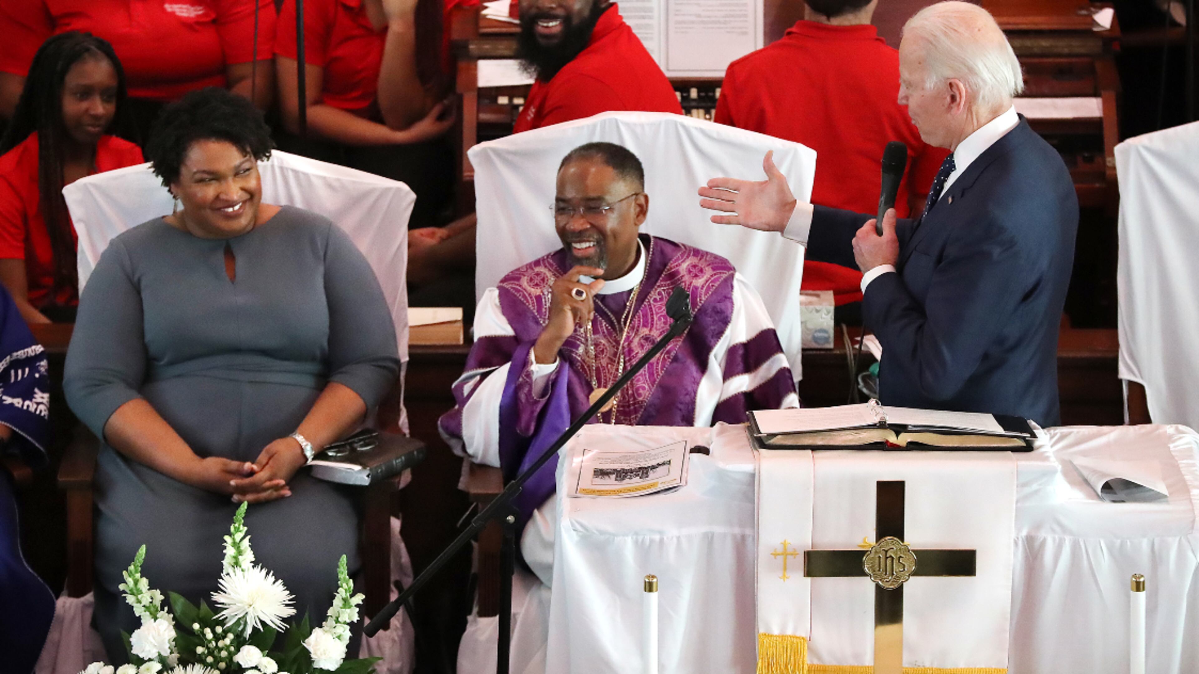 March 1, 2020 Selma: Joe Biden, Former United States Vice-President and Democrat candidate for President, pays compliments to former candidate for governor Stacey Abrams while speaking at Brown Chapel African Methodist Episcopal Church during Selma's re-enactment of Bloody Sunday on Sunday, March 1, 2020, in Selma. Curtis Compton ccompton@ajc.com
