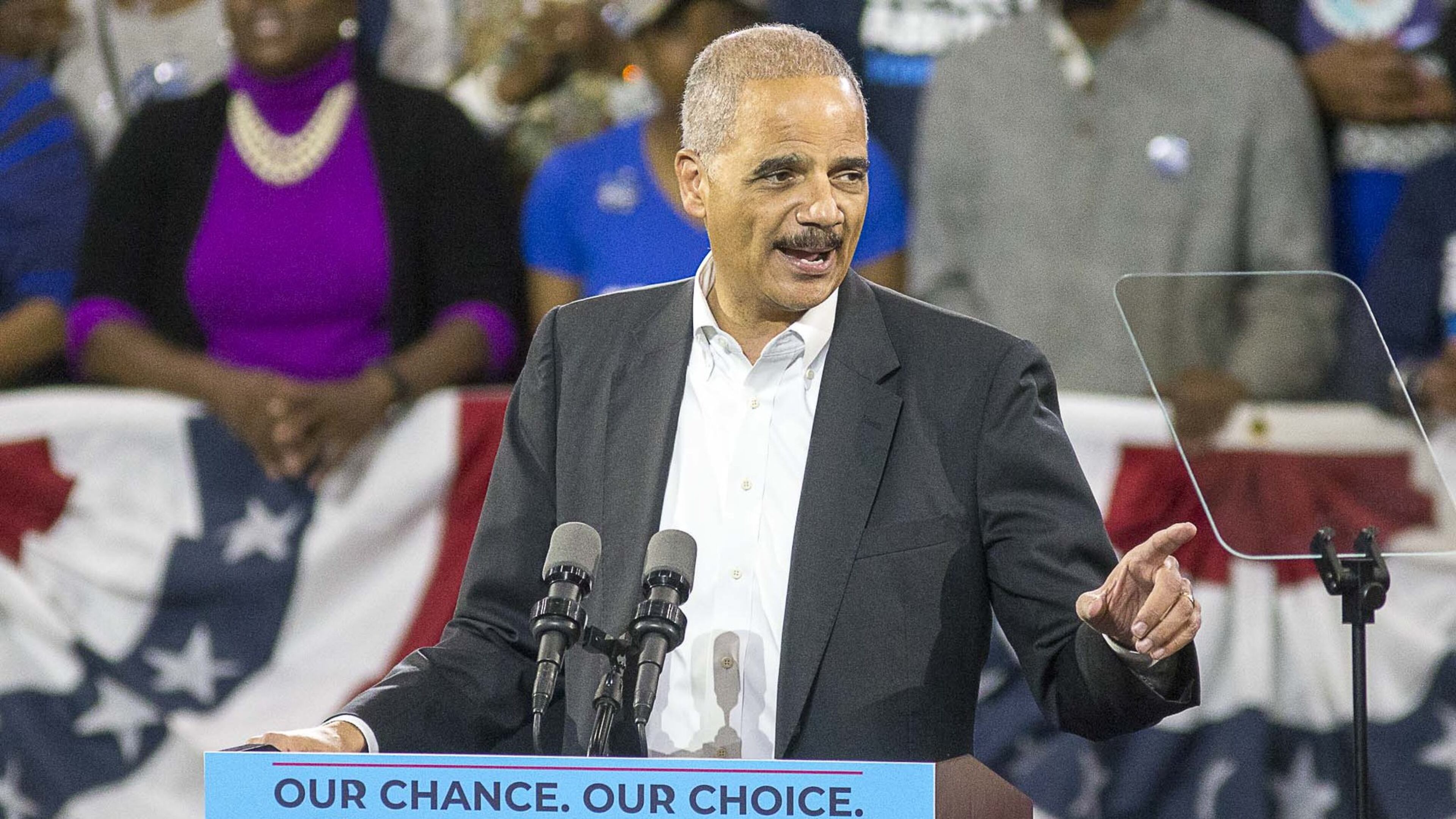 Former U.S. Attorney General Eric Holder speaks during a November 2018 rally for Democratic gubernatorial candidate Stacey Abrams inside Forbes Arena at Morehouse College. (ALYSSA POINTER/ALYSSA.POINTER@AJC.COM)