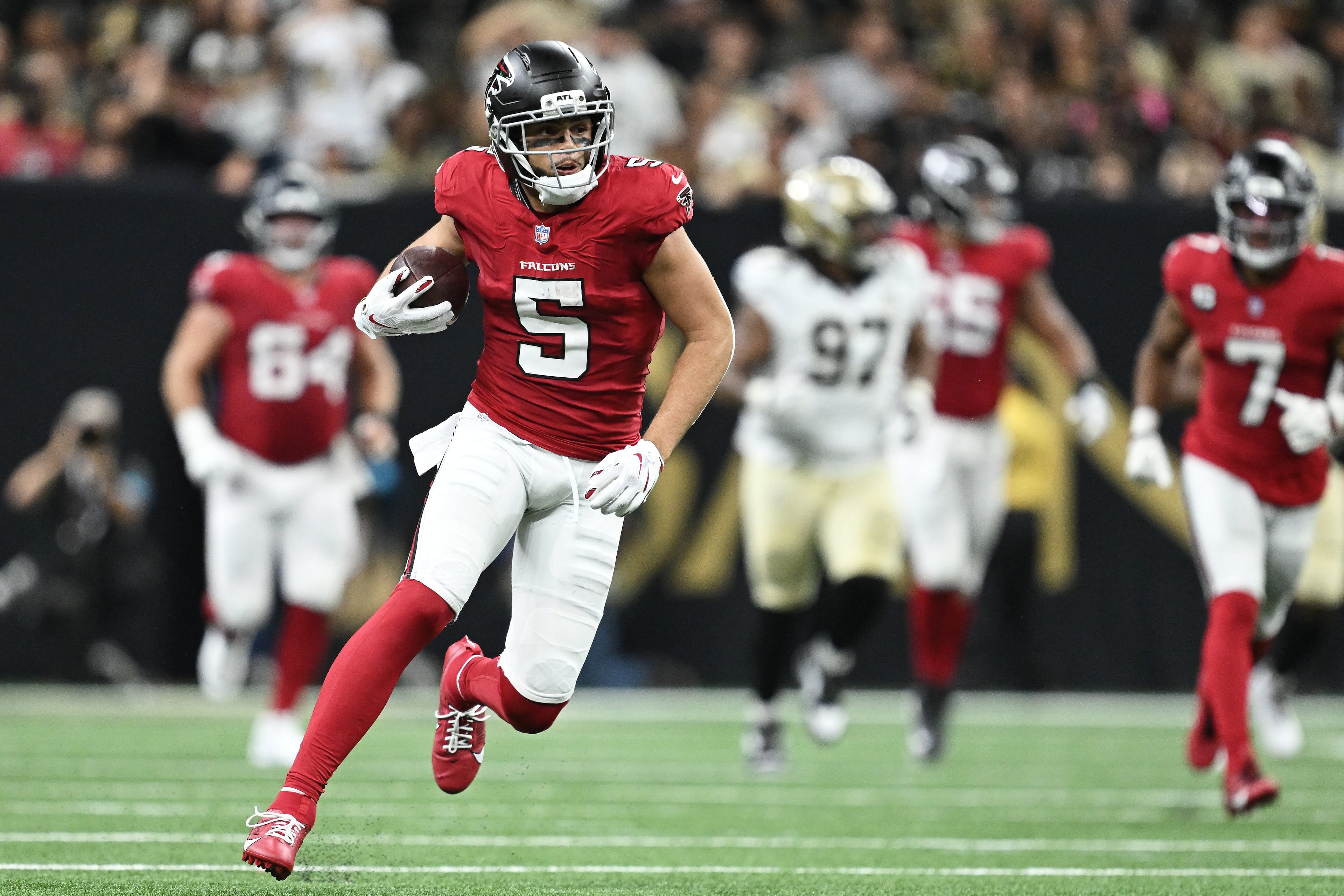 Atlanta Falcons wide receiver Drake London runs against the New Orleans Saints during the first half of an NFL football game in New Orleans, Monday, Oct. 5, 2026. (Ella Hall/AP)
