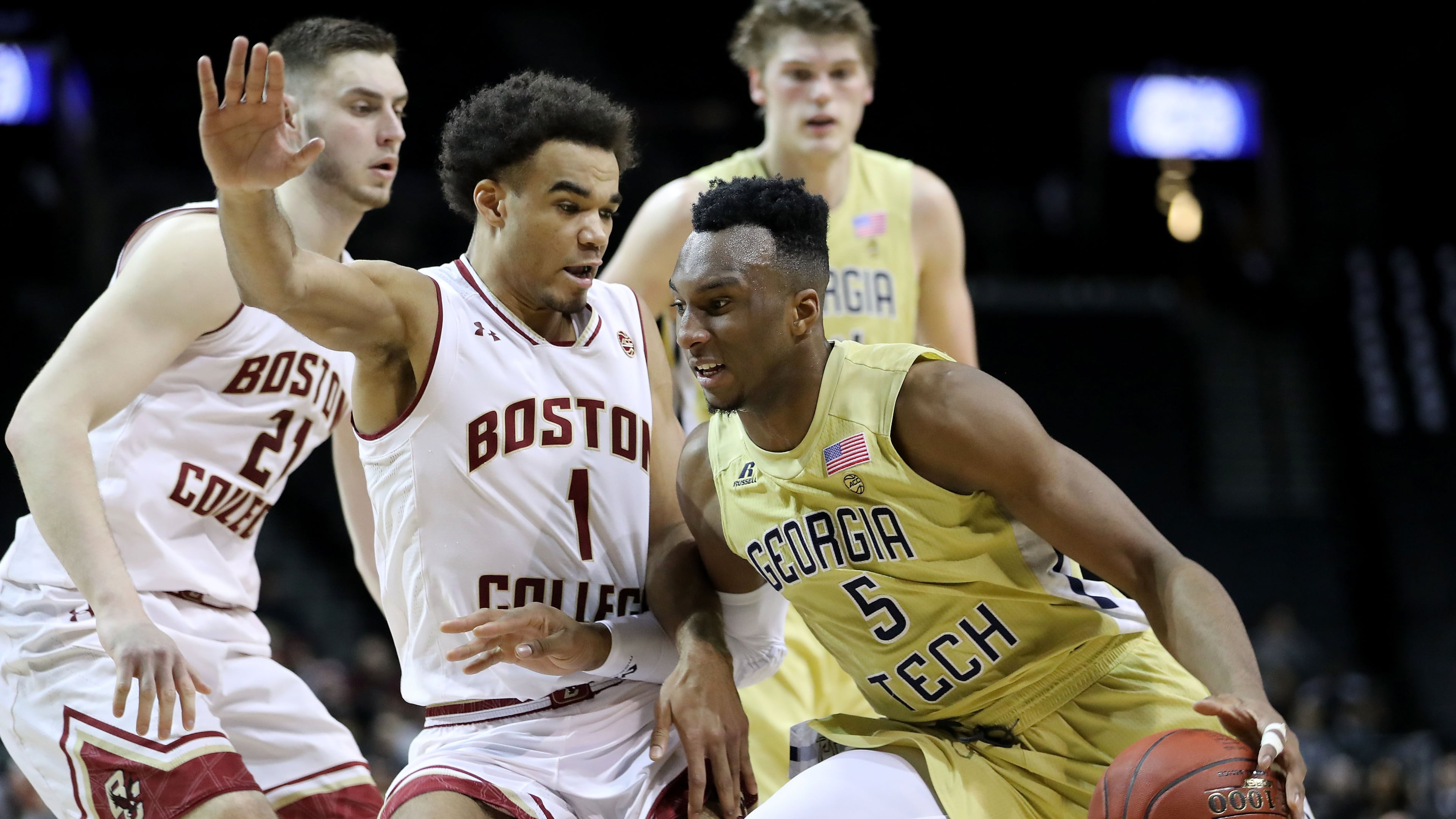 NEW YORK, NY - MARCH 06: Josh Okogie #5 of the Georgia Tech Yellow Jackets works against Jerome Robinson #1 of the Boston College Eagles in the first half during the first round of the ACC Men's Basketball Tournament at Barclays Center on March 6, 2018 in New York City. (Photo by Abbie Parr/Getty Images)
