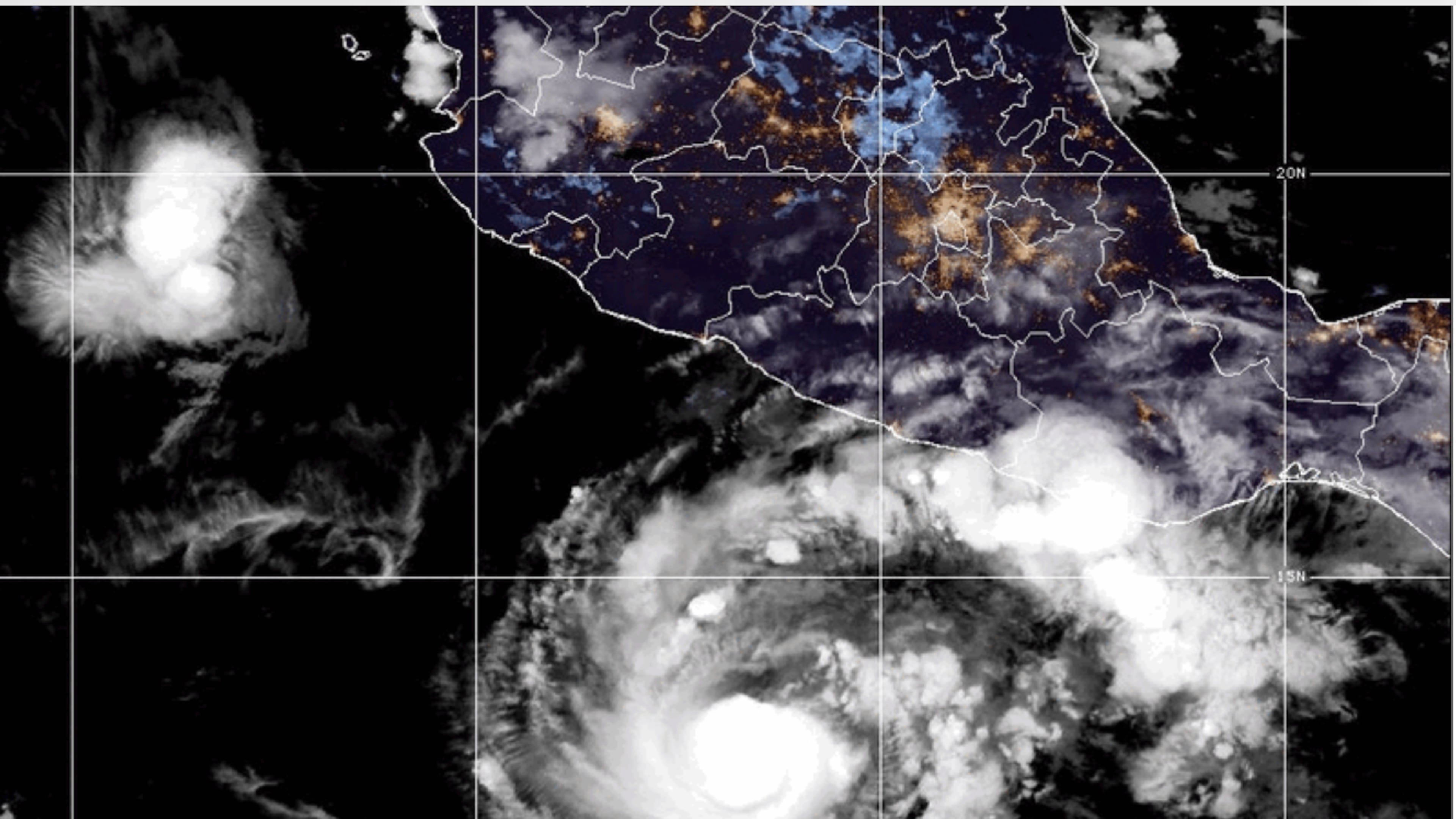 This GOES-19 GeoColor satellite image provided by the National Oceanic and Atmospheric Administration (NOAA) and taken on Thursday, Oct. 15 2026, shows Hurricane Trudy in the Pacific. (NOAA via AP)