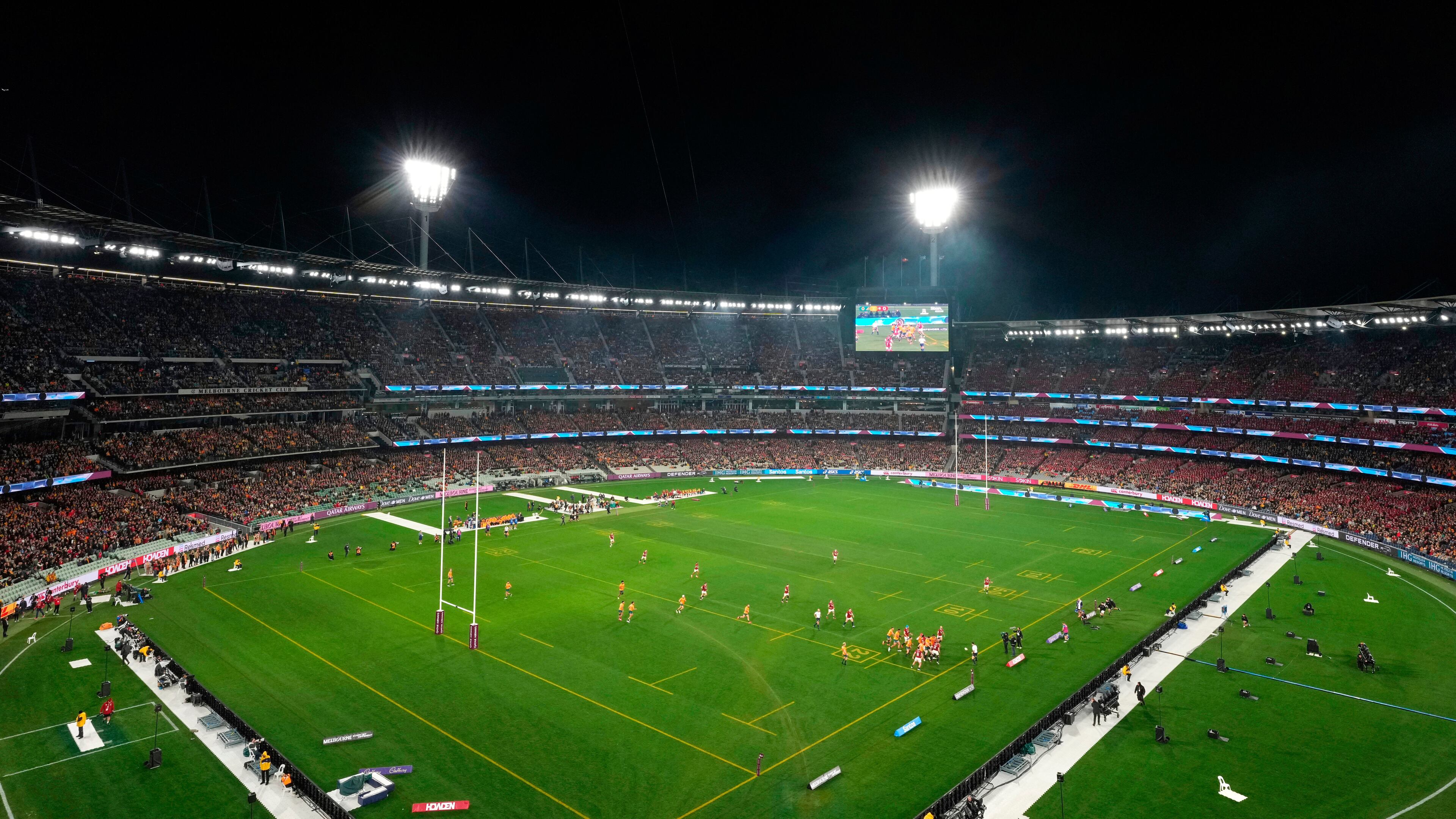 FILE - A general view during the second rugby union test between Australia and the British & Irish Lions at the Melbourne Cricket Ground in Melbourne, Australia, Saturday, July 26, 2025. (AP Photo/Asanka Brendon Ratnayake, file)