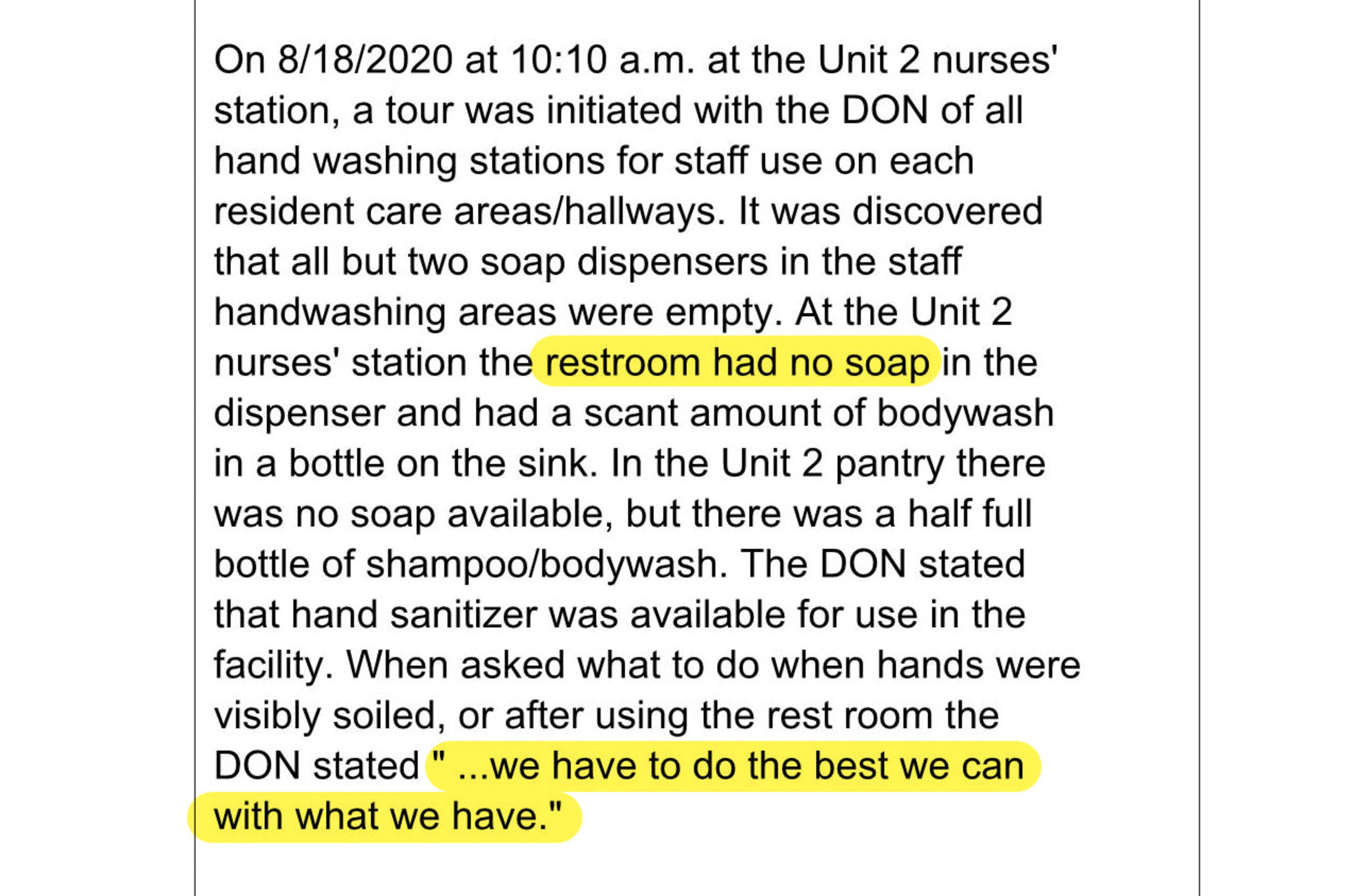 On Aug. 18, inspectors visiting Riverside Health Care Center in Covington found a lack of soap available for handwashing.