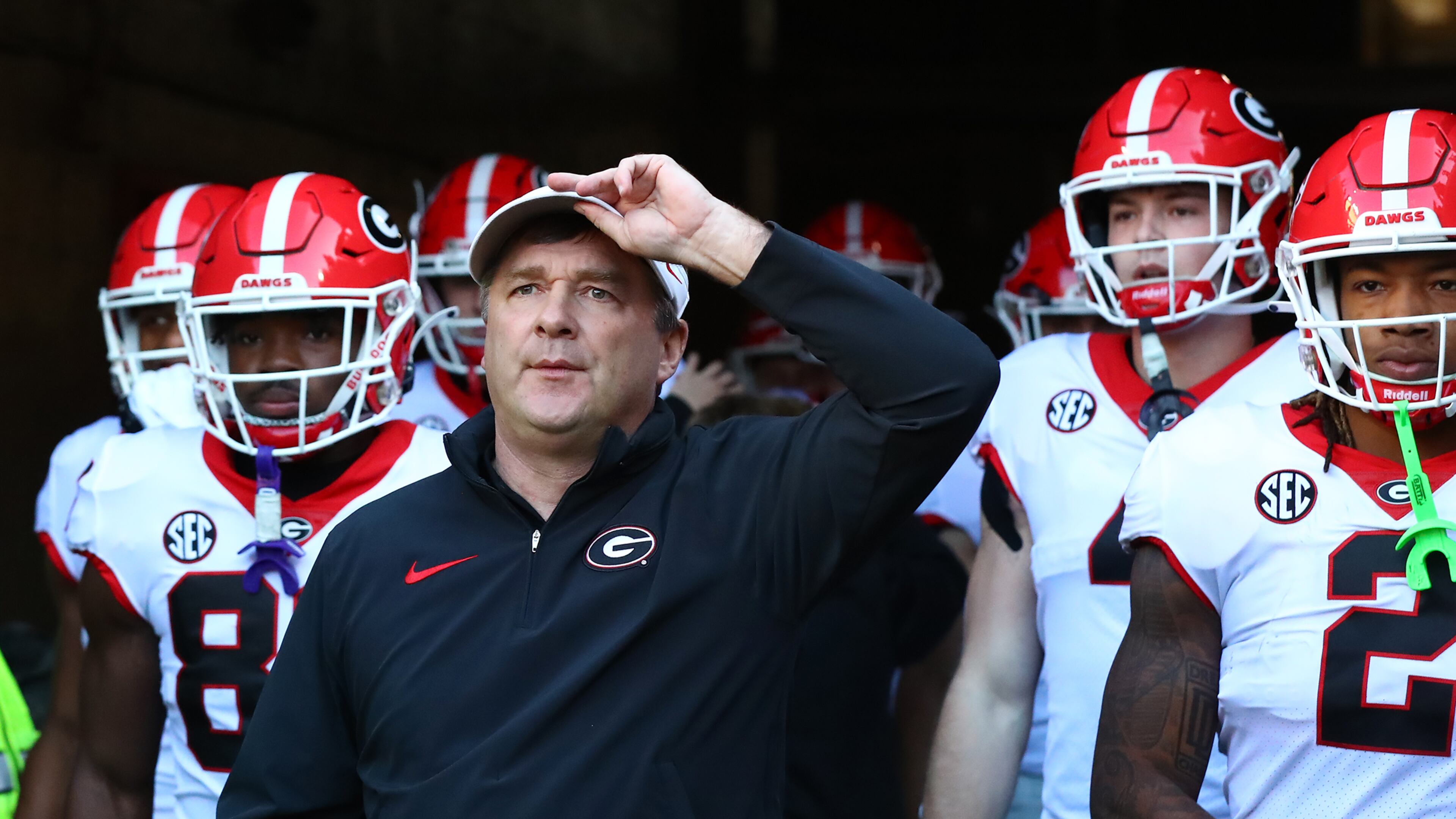 Georgia head coach Kirby Smart and his players prepare to enter the field to play Tennessee in a NCAA college football game on Saturday, Nov. 18, 2023, in Knoxville. Curtis Compton for the Atlanta Journal Constitution