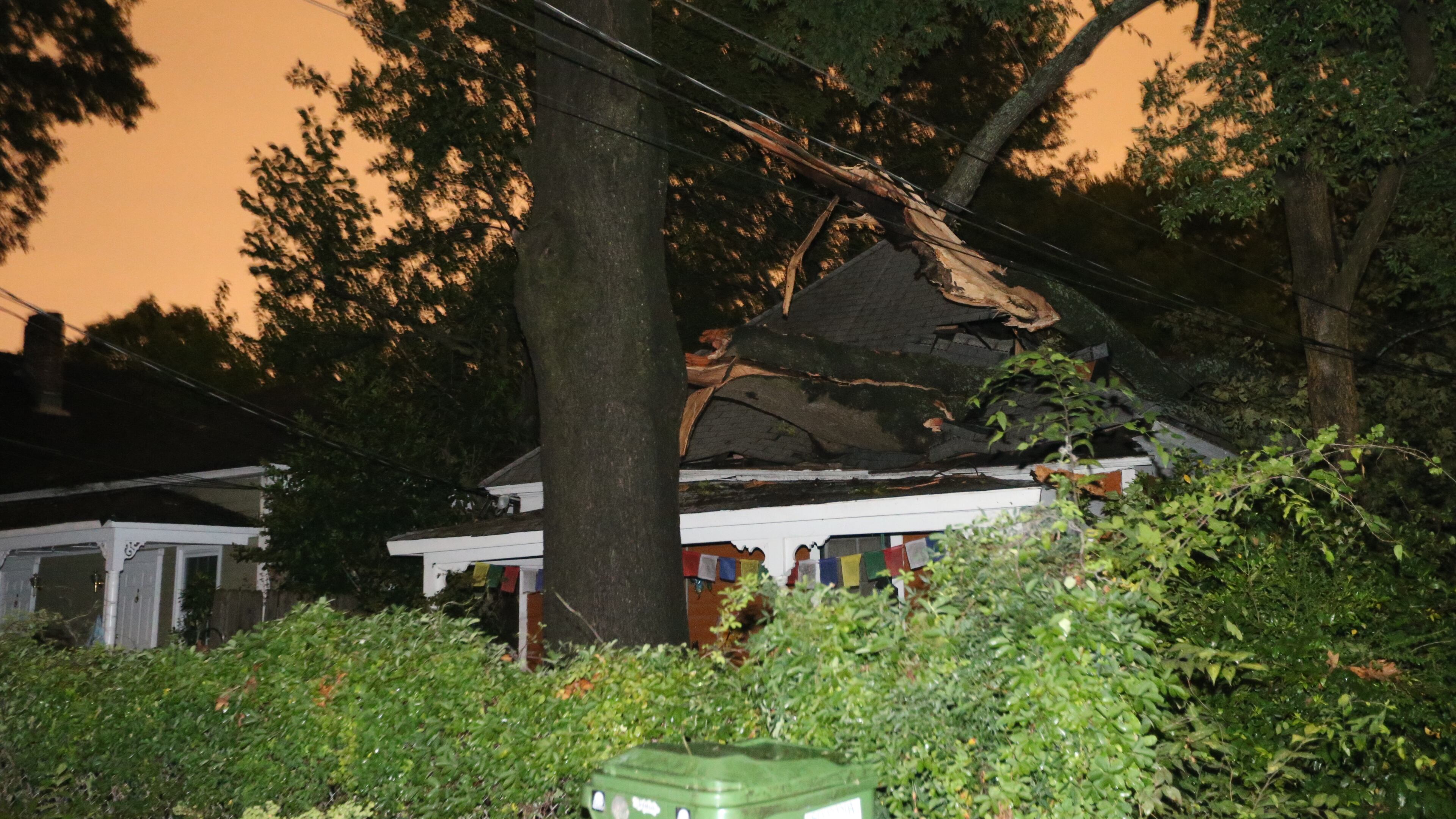 A tree rests on top of a house on Bryan Street in Grant Park after storms rolled through metro Atlanta on Thursday evening August 7, 2014. BEN GRAY / BGRAY@AJC.COM