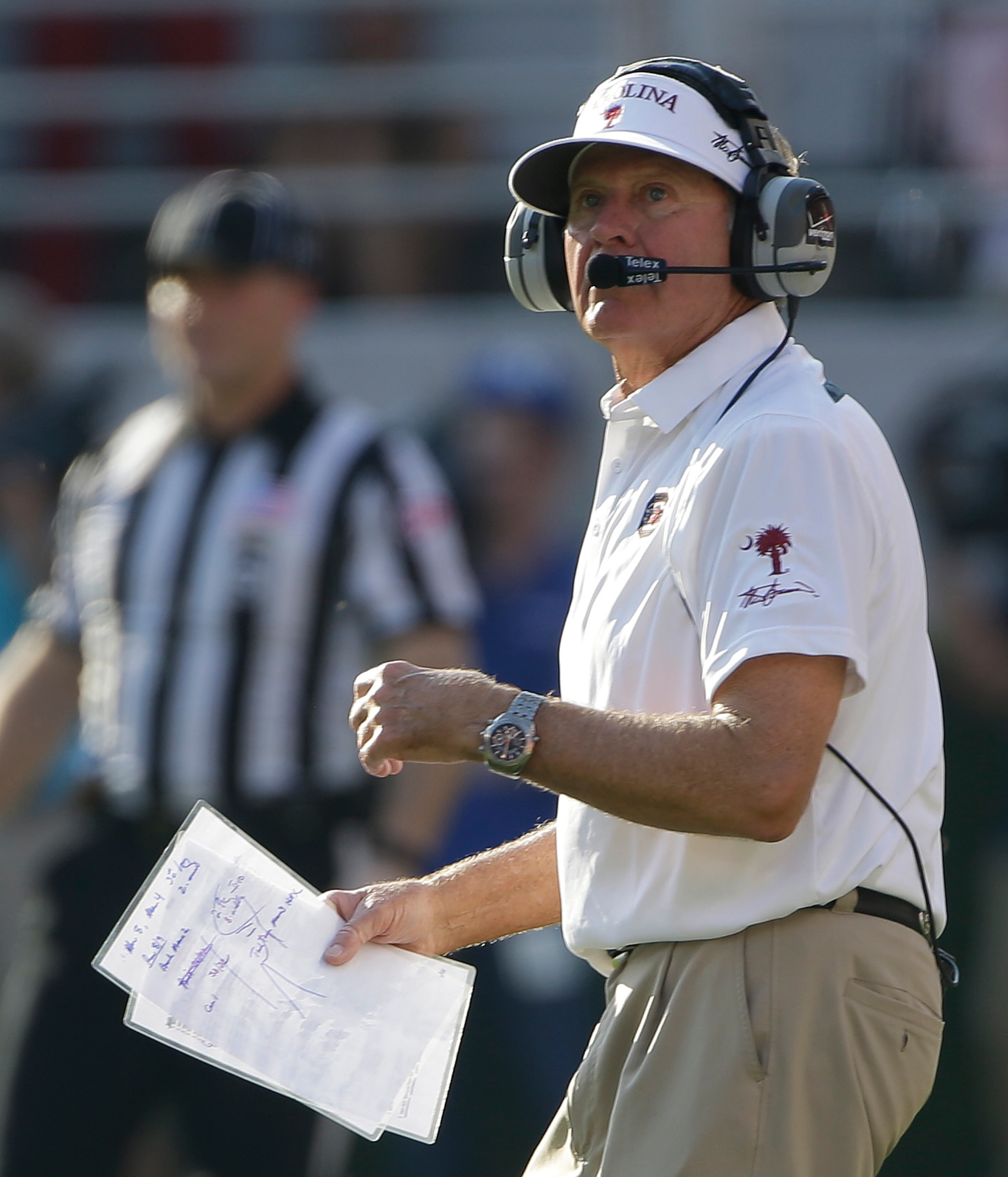 South Carolina head coach Steve Spurrier watches play against Georgia during the first half of an NCAA football game, Saturday, Sept. 7, 2013, in Athens, Ga. (AP Photo/John Bazemore)