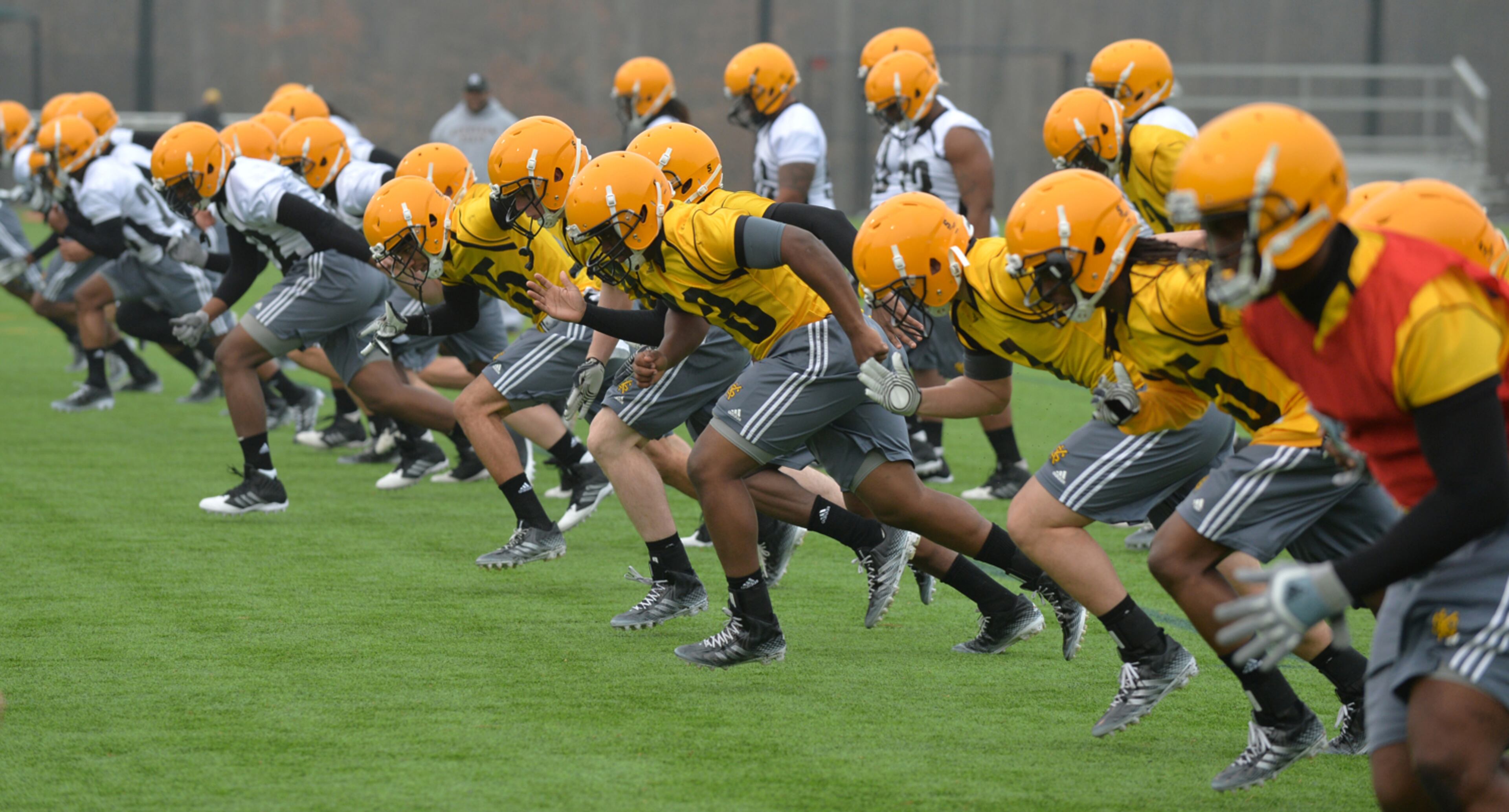 KENNESAW FOOTBALL BEGINS--March 2, 2015 Kennesaw, GA: Kennesaw State began spring practice Monday morning March 2, 2015. The practice was one of 14 scheduled this spring, leading up to the Black and Gold Game on Saturday March 28, 2015. BRANT SANDERLIN / BSANDERLIN@AJC.COM