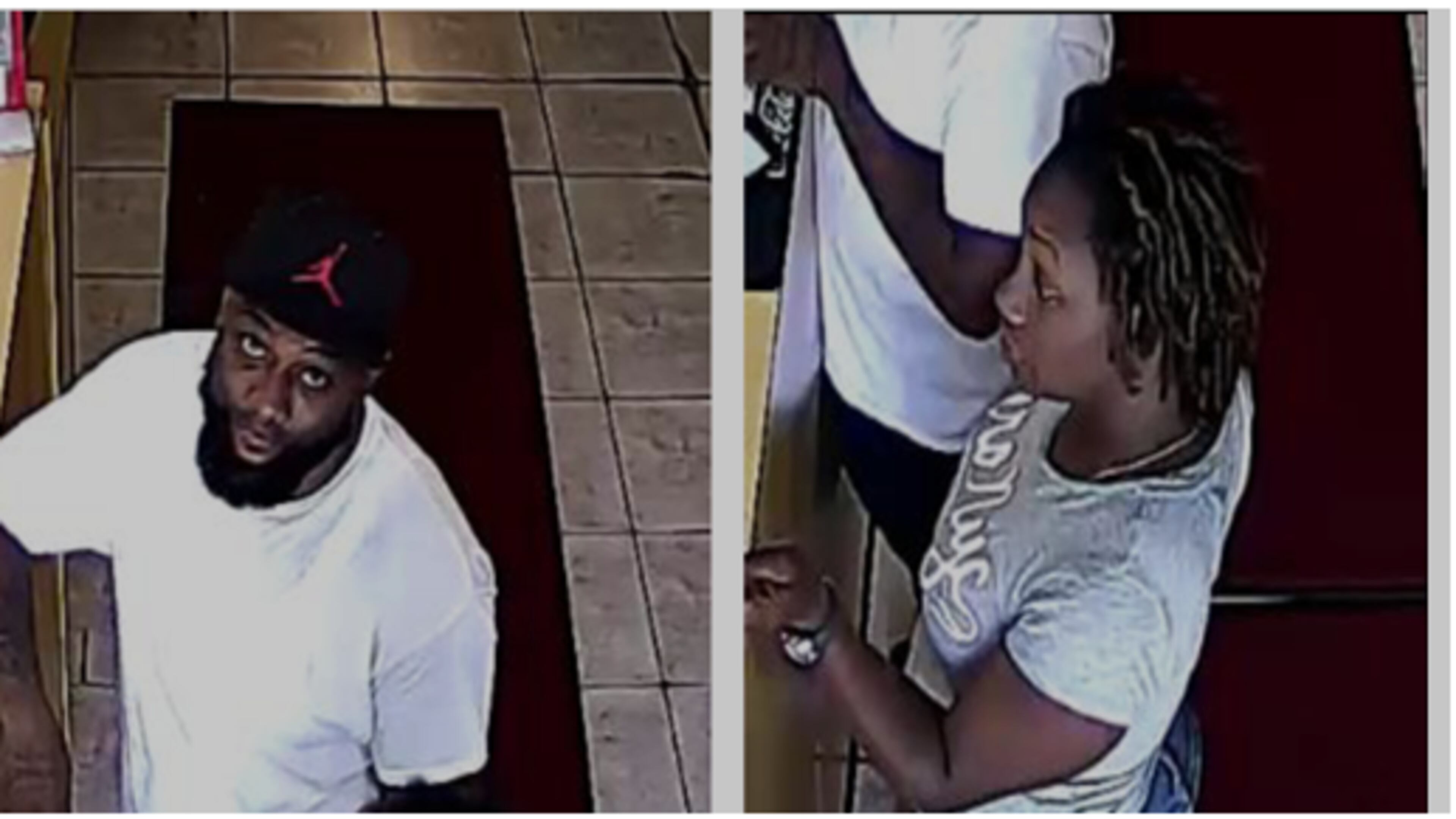 Gwinnett County police are trying to identify a male suspect (left) that allegedly used a stolen credit card and took a $3,000 check from a restaurant. The department is also trying to identify a woman (right) that was with the male suspect.