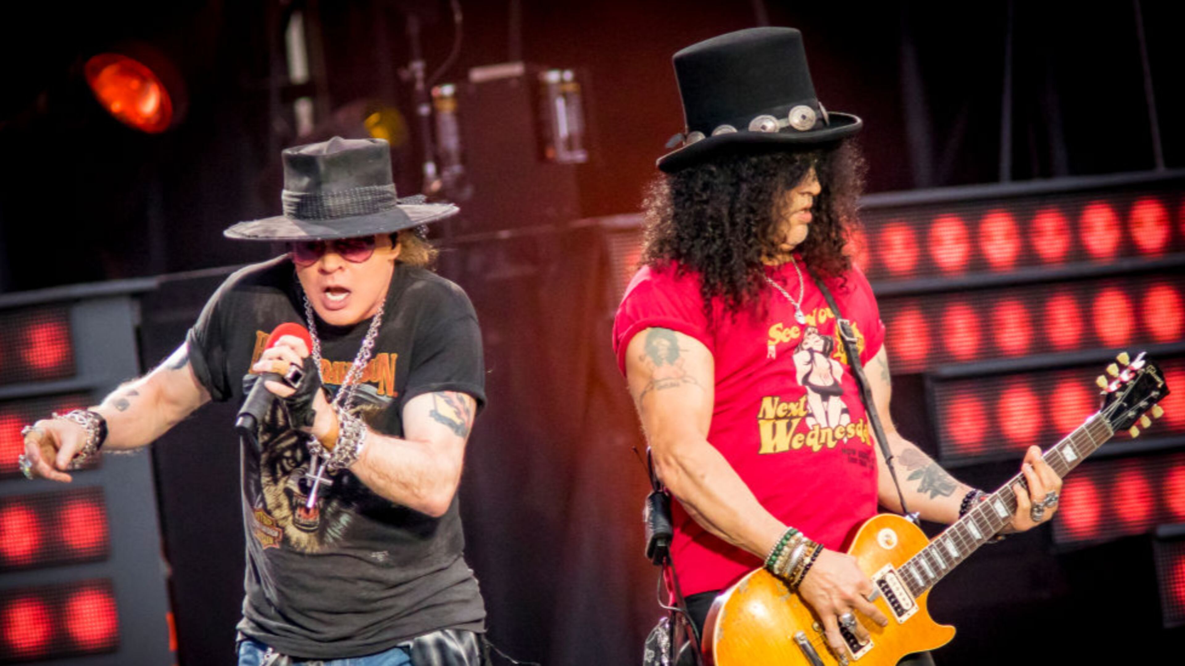 Axl Rose (left) and Slash of Guns N' Roses perform onstage during the 'Not In This Lifetime' Tour.