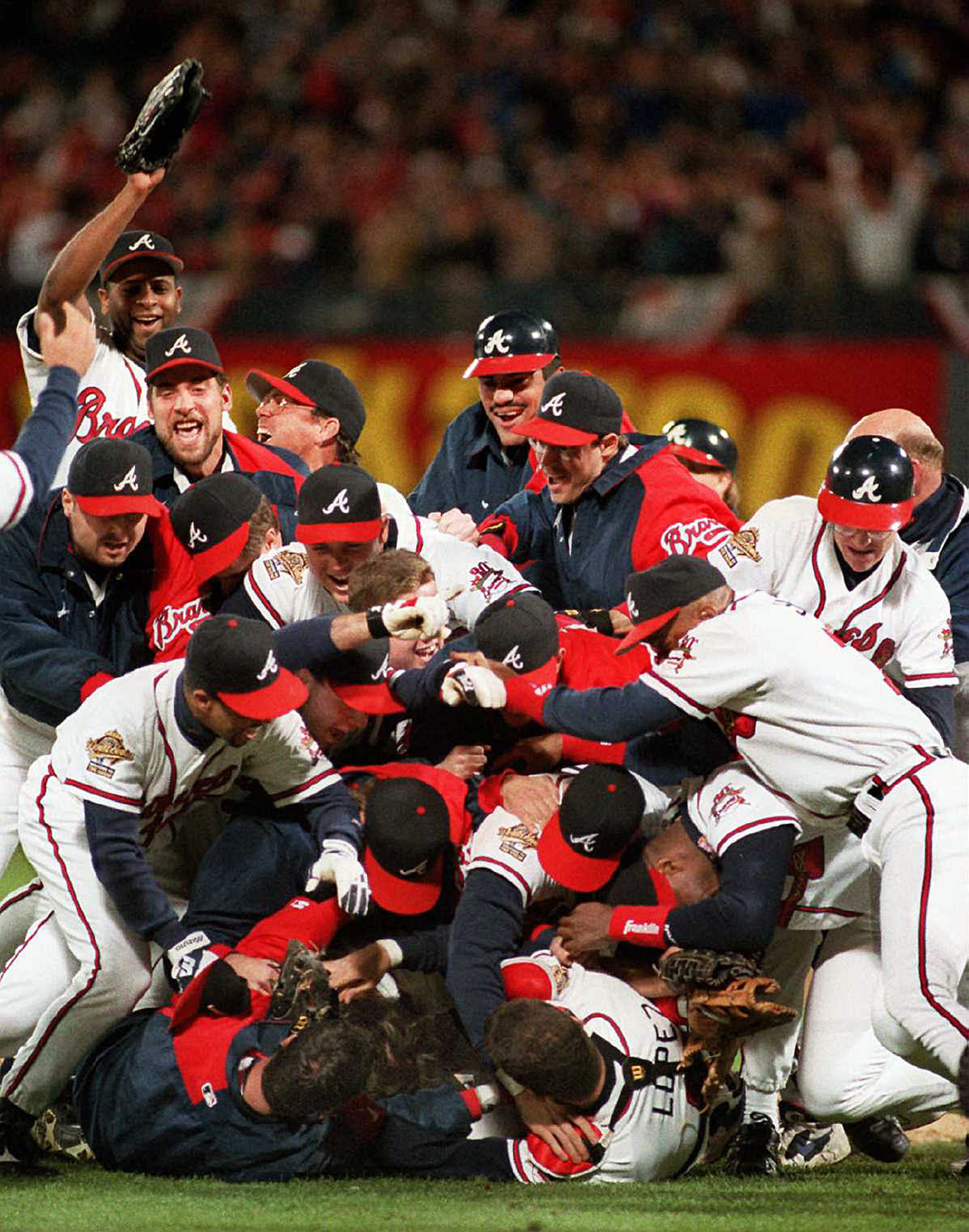 OCTOBER 28, 1995 ATLANTA Braves celebrate after their win in Game 6 of the 1995 World Series in Atlanta. MARLENE KARAS/AJC STAFF