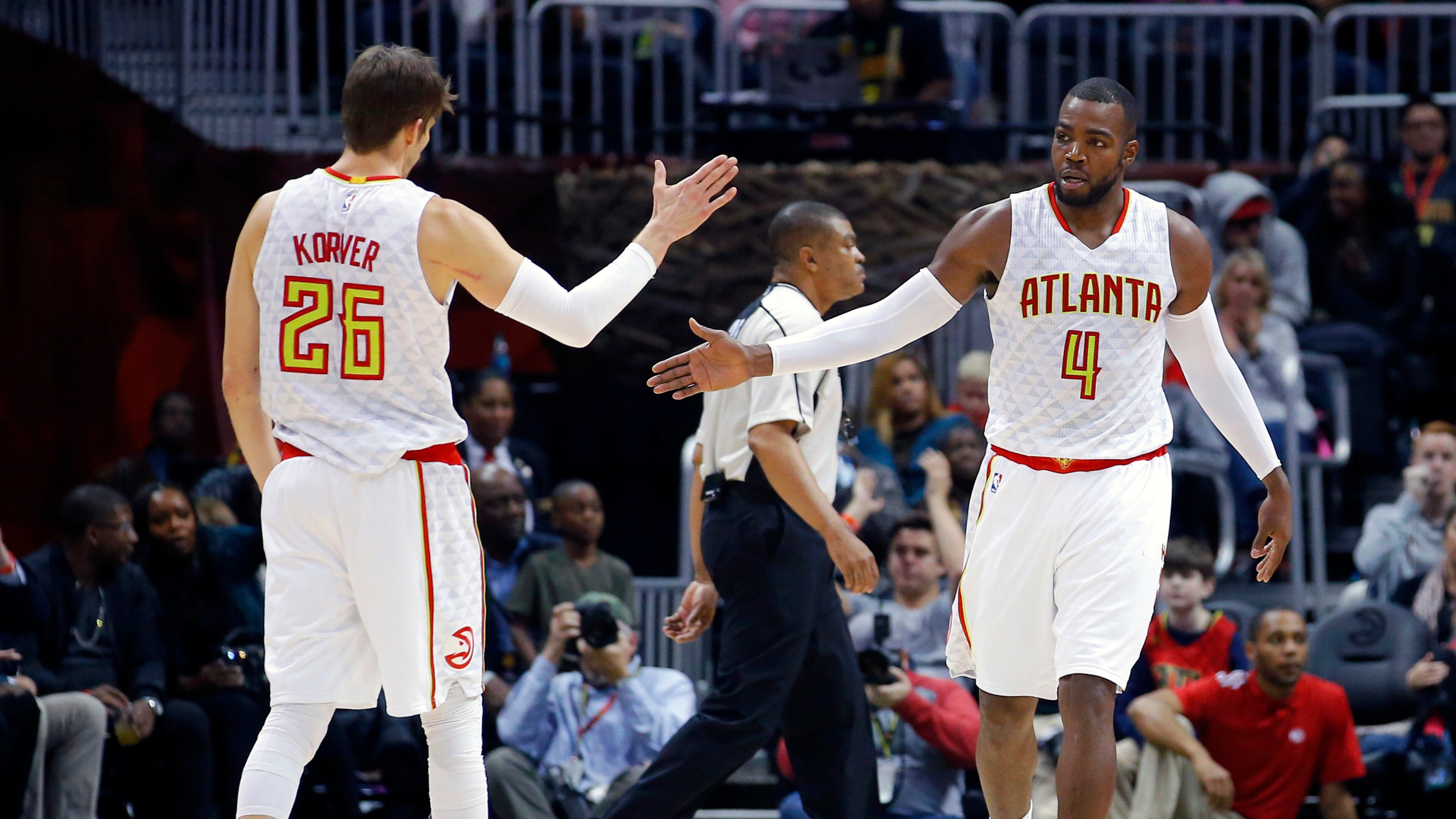 The Hawks have been a .500 team and may shake things up by trading forward Paul Millsap and/or guard Kyle Korver, seen here in a recent game against Detroit. (AP photo)