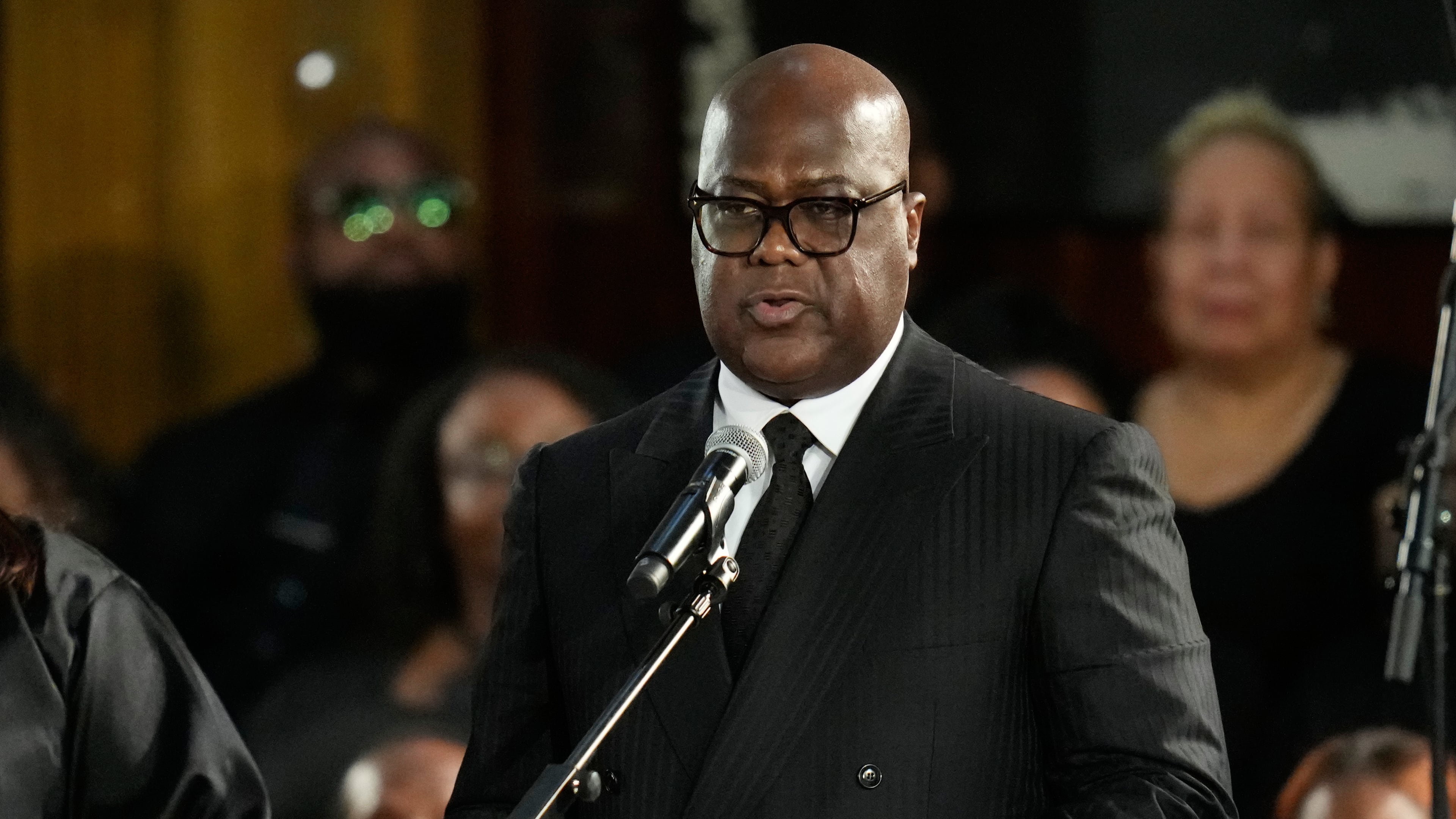 FILE - Democratic Republic of Congo President Felix-Antoine Tshisekedi Tshilombo speaks during the Homegoing Celebration of Life for the Rev. Jesse Jackson, March 7, 2026, at Rainbow PUSH Coalition headquarters in Chicago. (AP Photo/Erin Hooley, File)