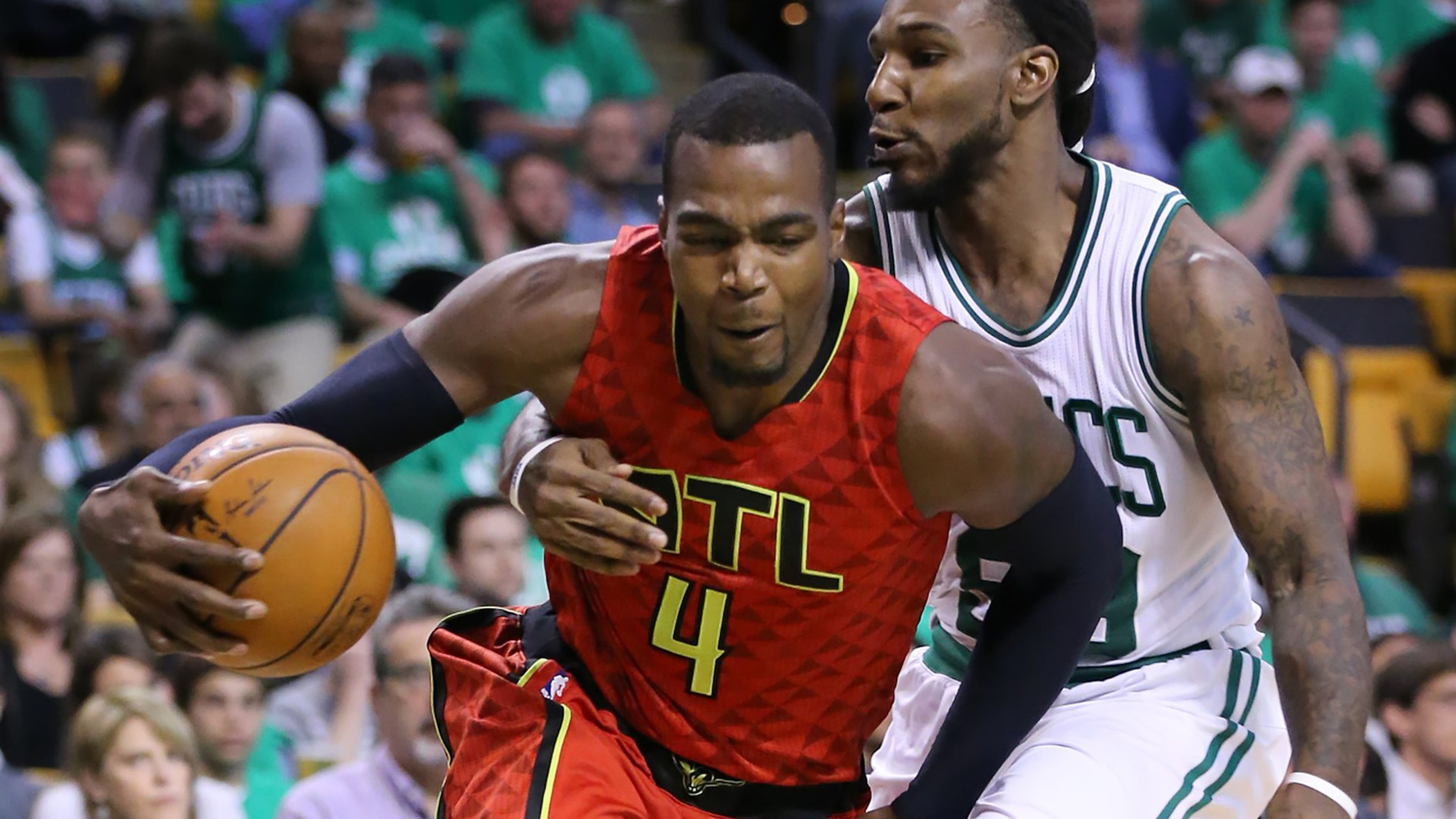 Hawks’ Paul Millsap drives around Celtics’ Jae Crowder during the third period in Game 6 of an NBA basketball first-round playoff series at TD Garden on Thursday, April 28, 2016, in Boston. Curtis Compton / ccompton@ajc.com